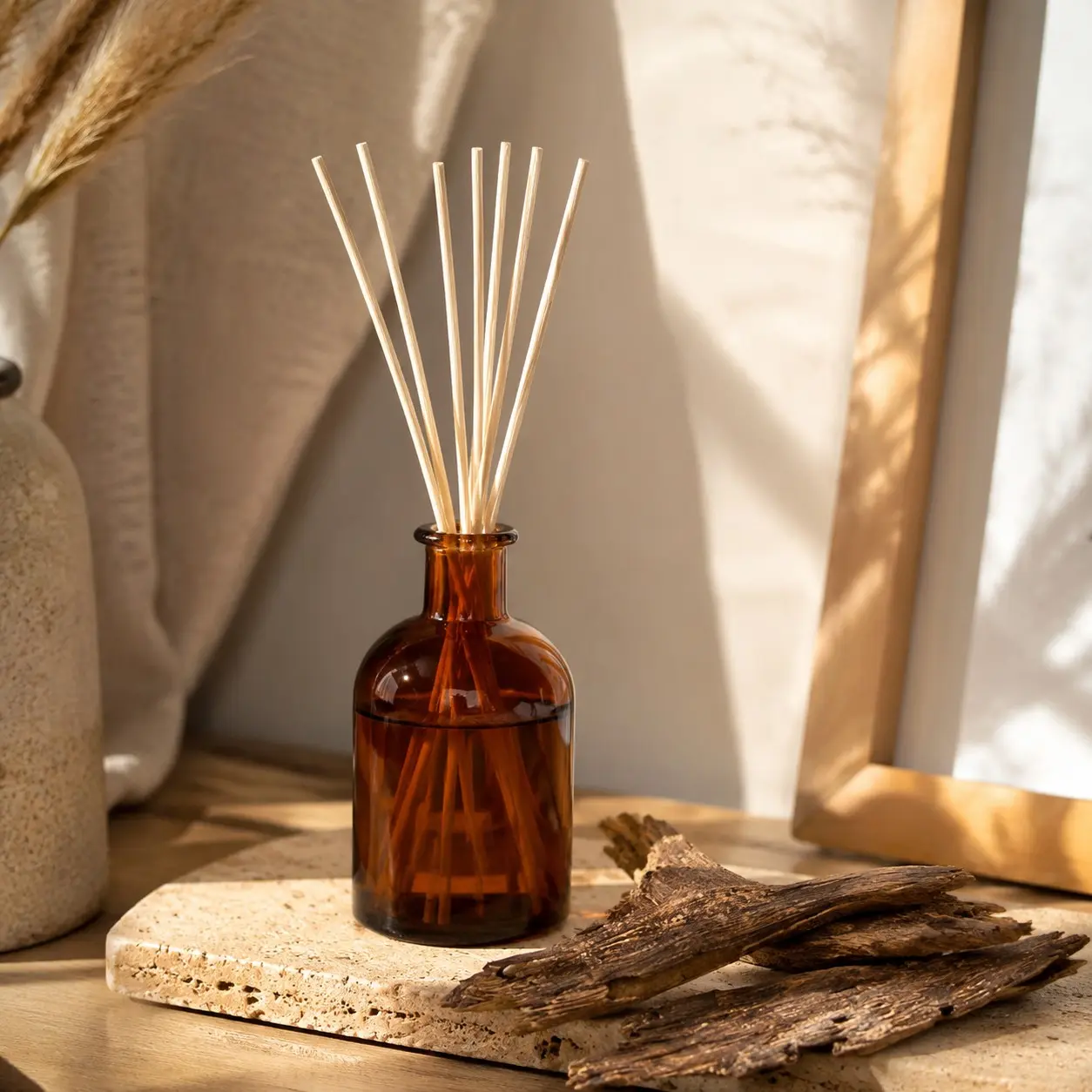 Oud Wood Reed Diffuser – 5.75 oz Essential Oil Diffuser for Home & Bathroom – Up to 120-Day Fragrance with 8 Rattan Scent Sticks – Amber Glass Room Decor
