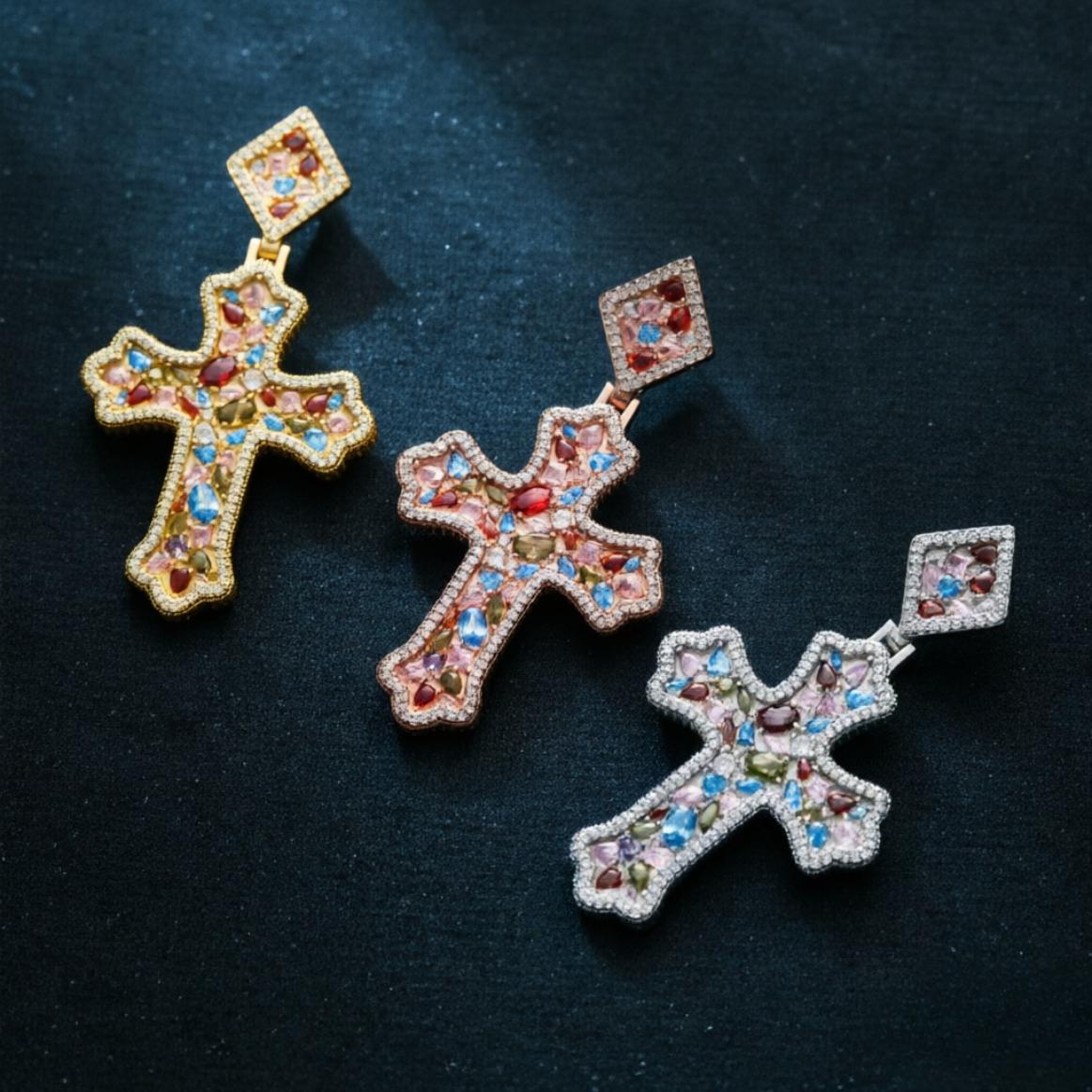 5A+ Sri Lanka Colorful Moissanite Rhomboid Gothic Cross Pendant With Necklace, Miami Italy Mexico & Micro Inspired for Women & Men, Luxury Jewelry, Daily Wear, Casual Fashion, Gift, Classic Hip Hop Simple Sporty