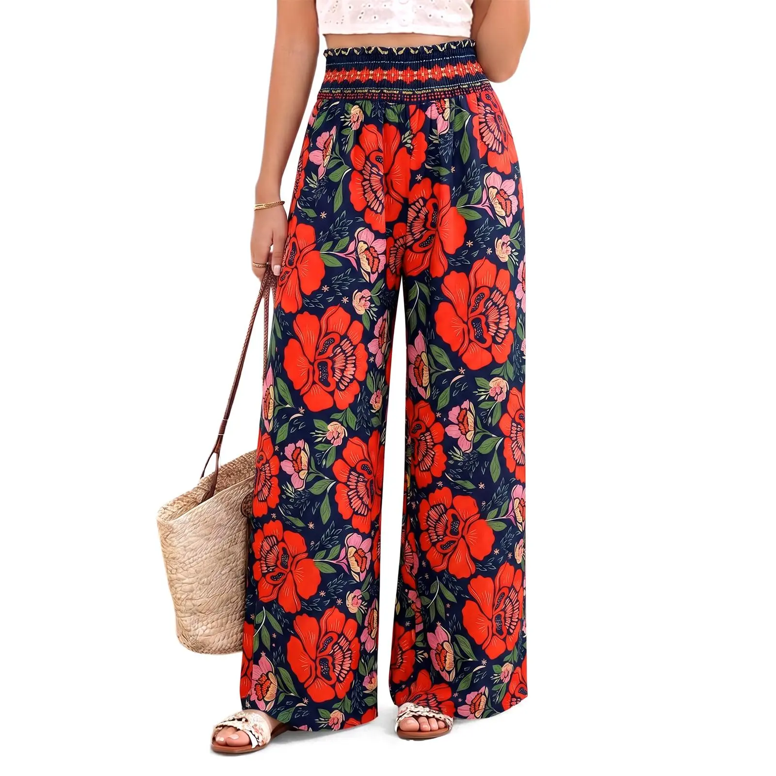 Imily Bela Wide Leg Pants Woman 2026 Summer Smocked Waist Floral Pant Resort Wear Spring Beach Vacation Clothes for Women