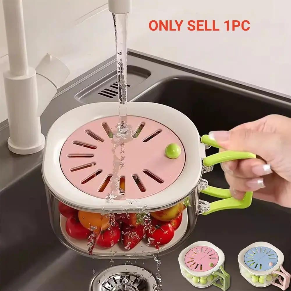 Home Multifunctional 2-in-1 Thick Drain Basket with Lid, Hidden Foldable Handle. Washable Fruits and Vegetables. Easy To Clean, Basket Kitchen Strainer