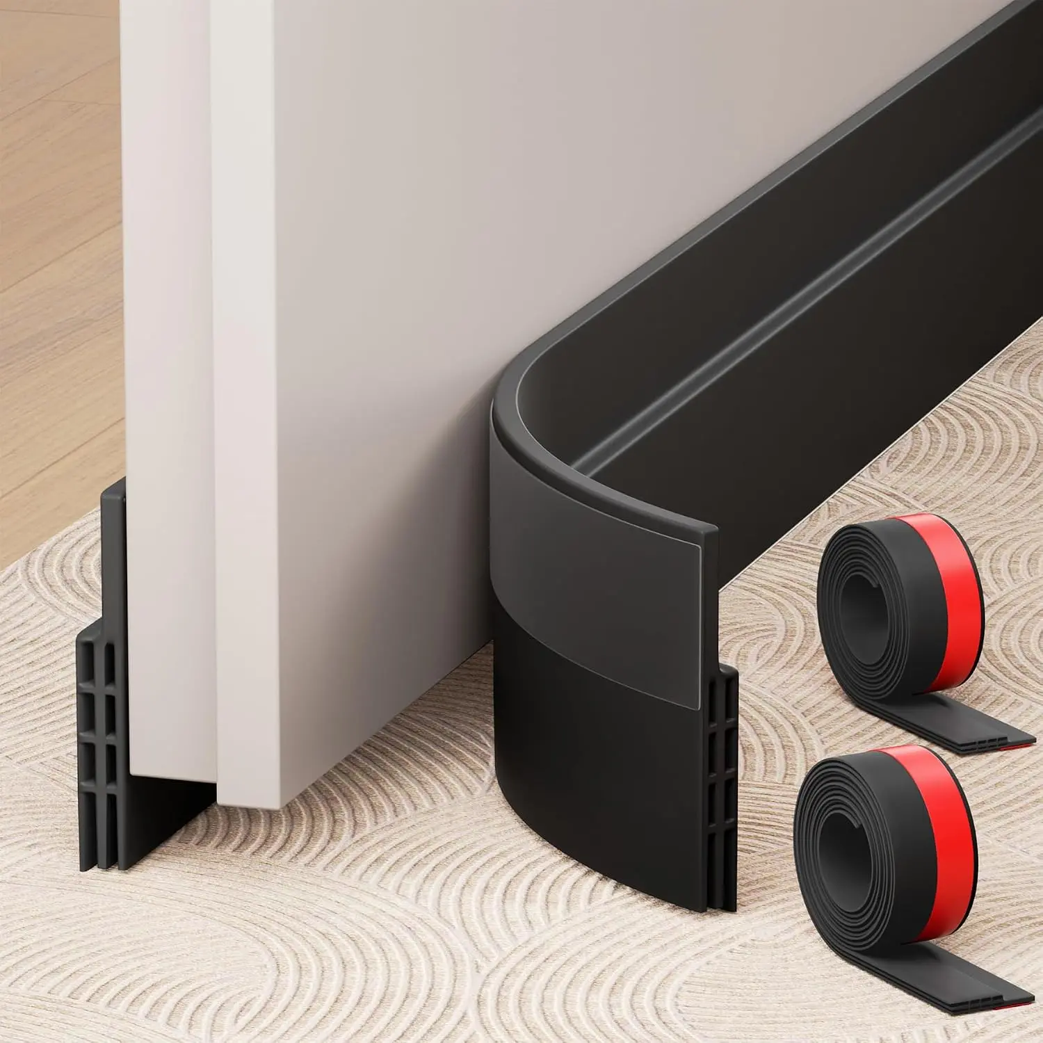 2 Pack Under Door Draft Stopper, Adjustable Door Sweep Anti-  Adhesive Weather Stripping Tape Soundproof Draught Stoppers 2" W x 39" L, Black