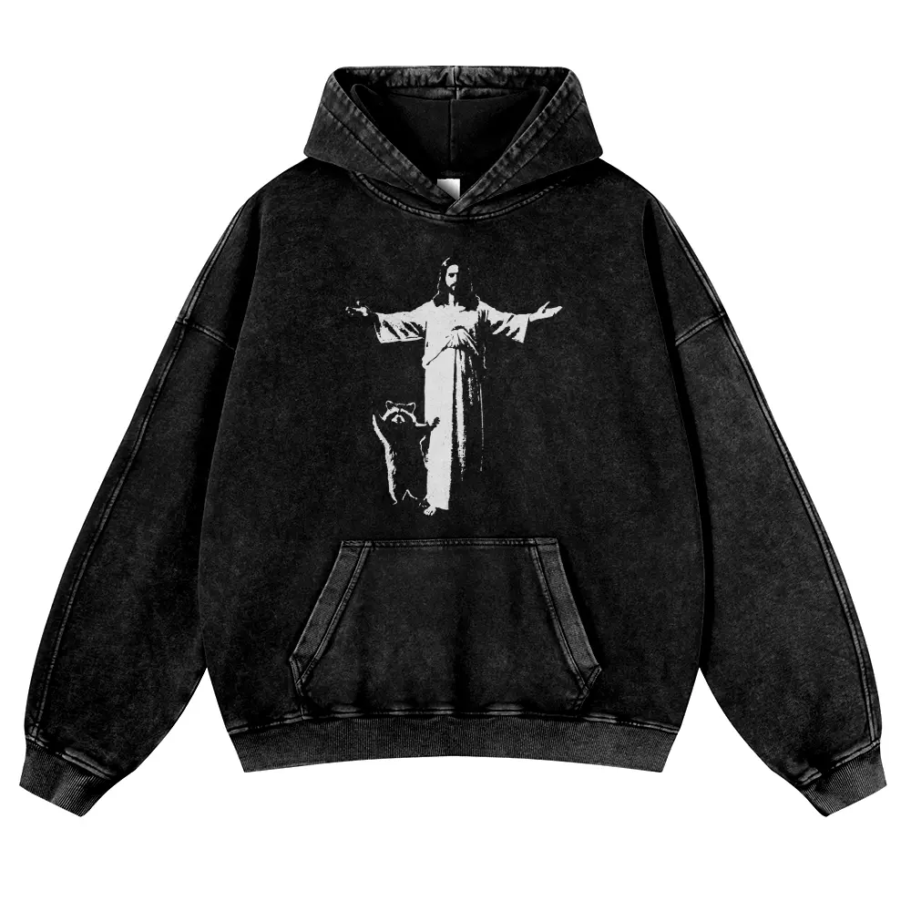 Vintage Washed Hoodie Oversized Funny Jesus and Raccoon Graphic Sweatshirt Christian Meme Streetwear Pullover Unisex