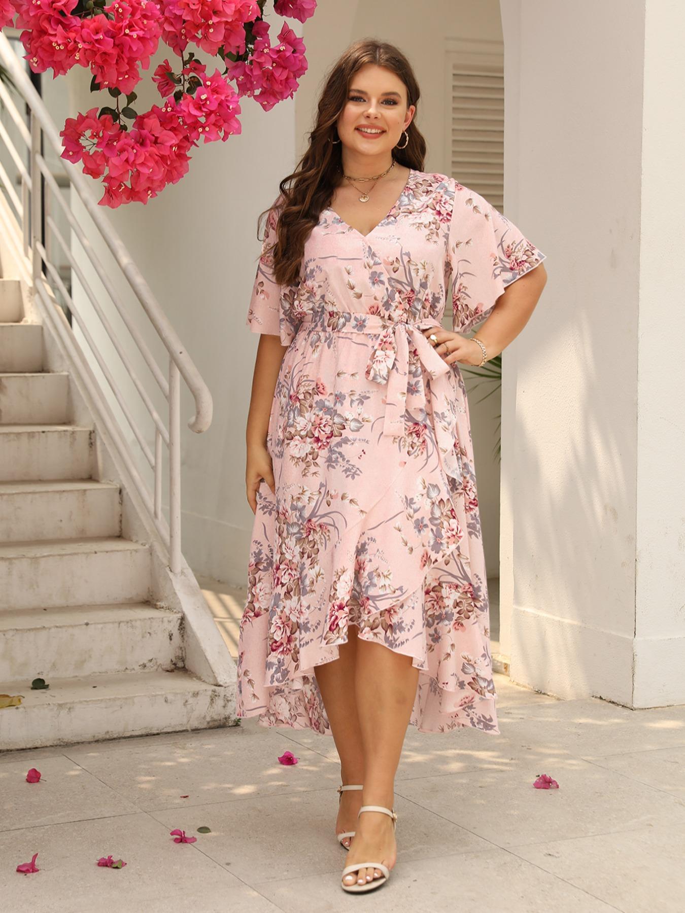 Plus Size Floral Print Ruffle Hem Belted Wrap A Line Dress, Boho Butterfly Sleeve V Neck High Low Midi Dress, Women Casual Clothing for Spring & Fall
