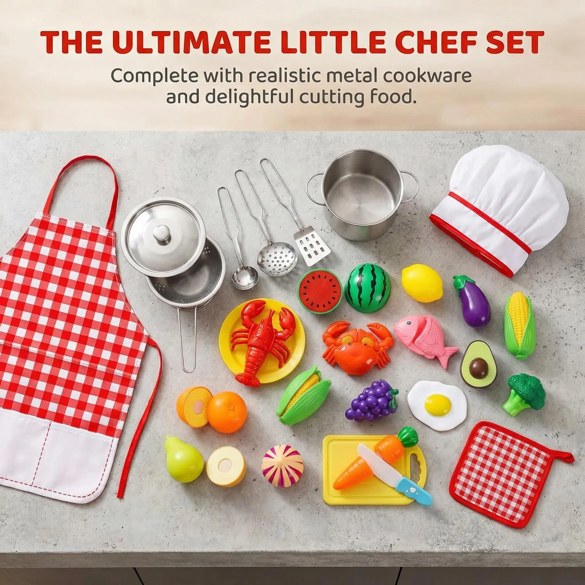 46PCS Kids Pretend Play Kitchen Set - Stainless Steel Pots, Utensils, Cutting Fruits, Vegetables, Seafood, Chef Apron & Hat, Unisex Educational Role Play Toy for 6-8 Years Toddlers, Supports Children Development, No Battery Needed