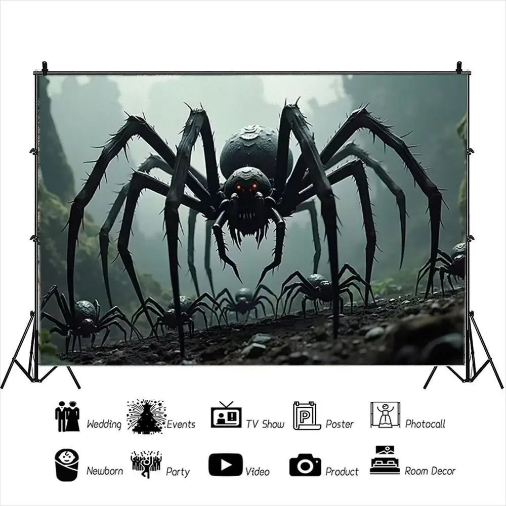 2D Flat Horror Spider Background Cloth, Giant Monster Forest Hanging Banner, Halloween Party Thriller Photography Backdrop, Polyester Wall Decor