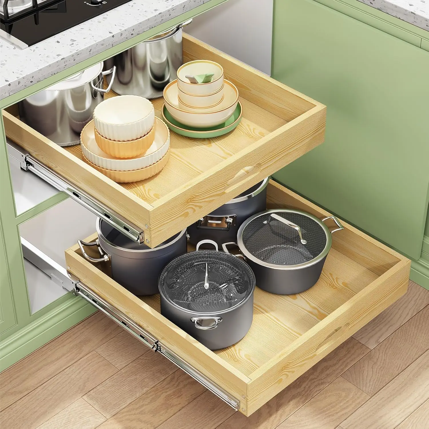 Extendable Pull Out Cabinet Organizer for Pantry Organization - Soft Close Wooden Drawers for Pots and Pans, Full Extension Roll Out Shelves, Bottom & Side Mount (15"W x 21"D x 3.4"H)