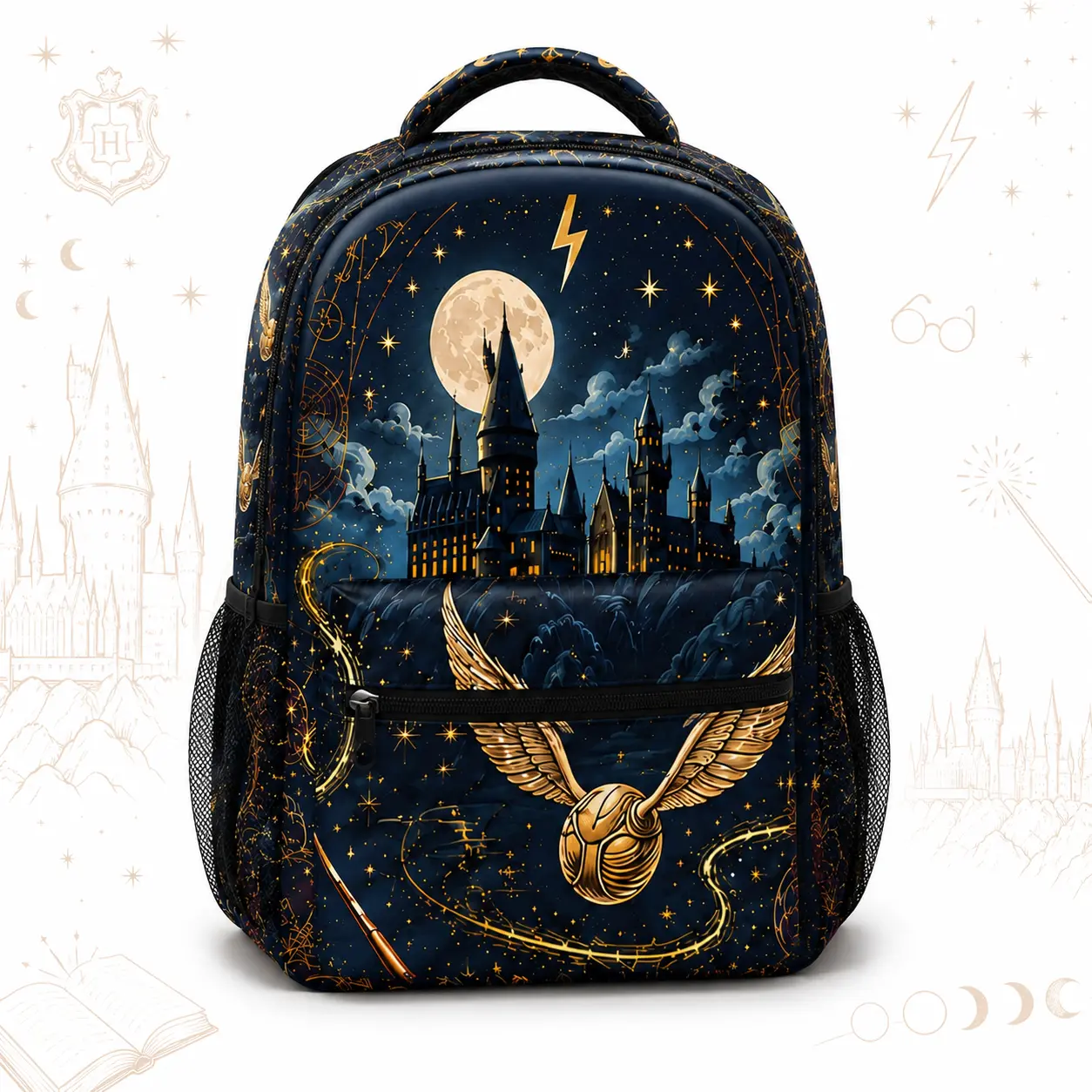 Harry Potter All-Over Print School Backpack, Hogwarts Castle & Golden Snitch Back to School Bookbag with Front Zipper Pocket, Dual Mesh Side Pockets and Adjustable Padded Straps, Travel Daypack for Teens and Fans