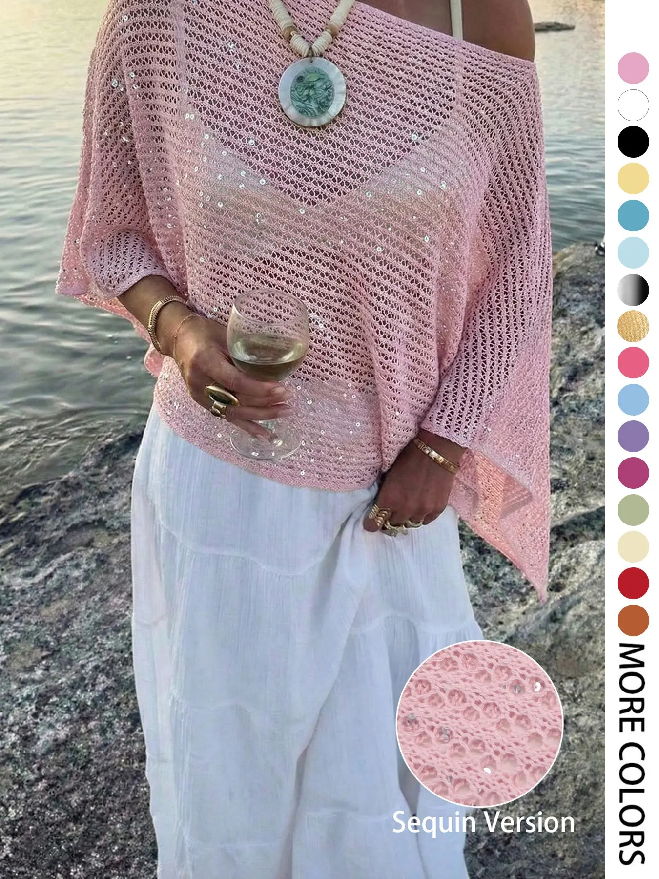 Elegant Women's Spring Summer Fashion Casual Knit Lace Top, Sequin Solid Semi-Transparent Loose-Fitting Pullover, Sleeveless Cape