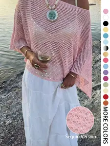 Elegant Women's Spring Summer Fashion Casual Knit Lace Top, Sequin Solid Semi-Transparent Loose-Fitting Pullover, Sleeveless Cape