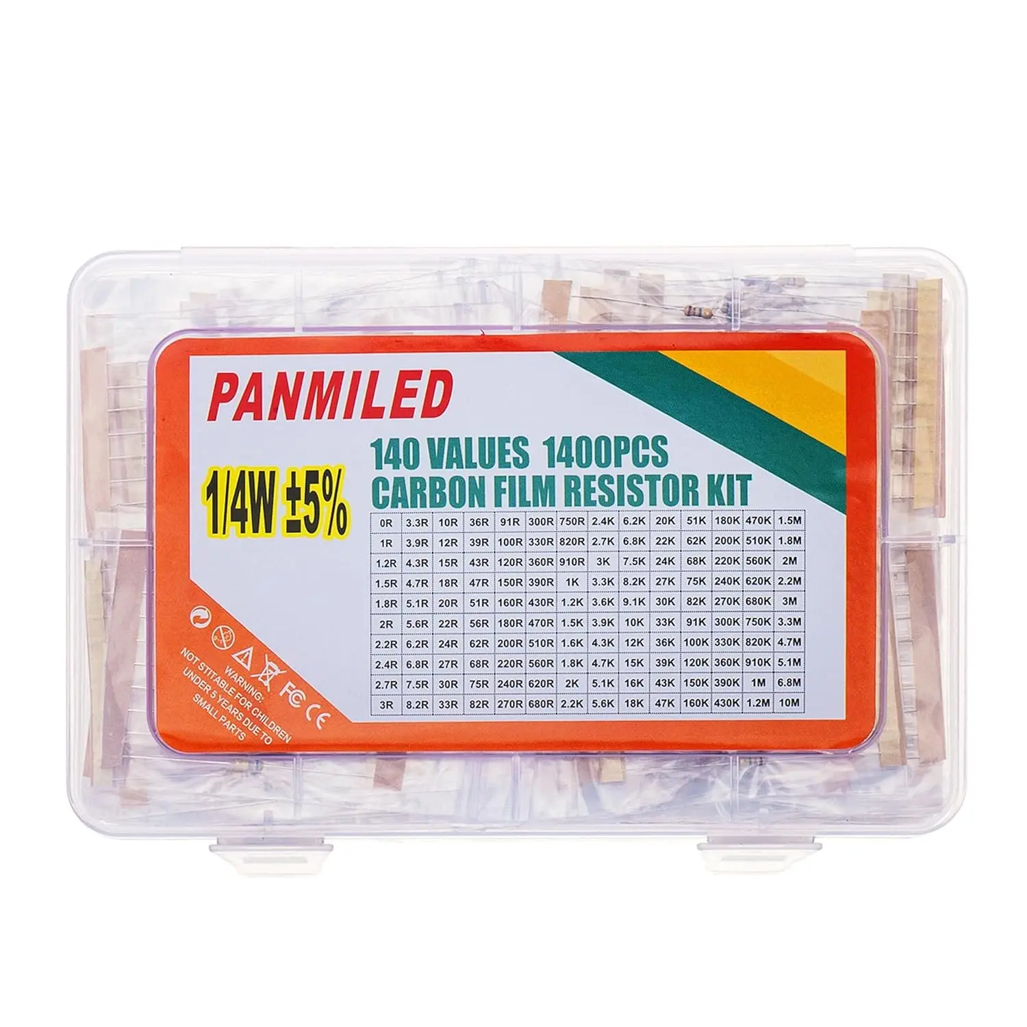 140 Values 1400 Pieces Carbon Film Resistor Kit 0 ohm-10M ohm 1/4W 5%
