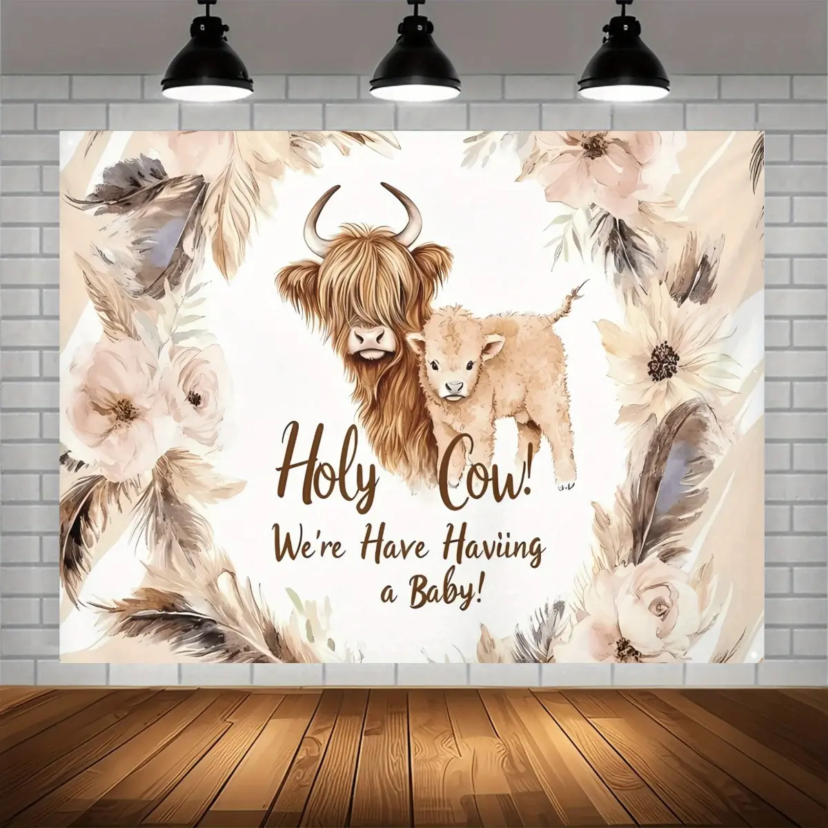 Scottish Highland Cow Baby Shower Floral Pampas Backdrop Party Banner Tapestry Photography Background Farm Animal Theme Fabric Wall Hanging Event Decor Gender Reveal Celebration Indoor Outdoor Polyester Fiber Durable Decorative Backdrop
