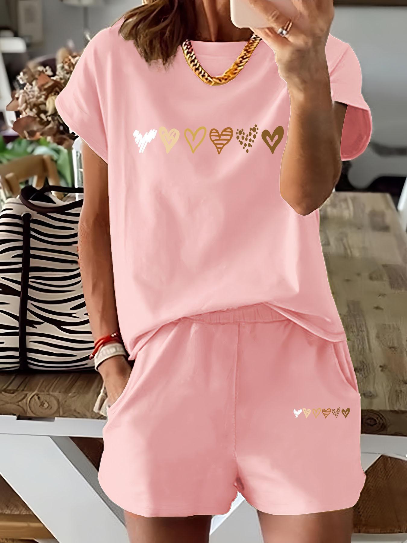 Two-Piece Set Women's Heart Print Tee & Shorts, Casual Fitted Short Sleeve Crewneck T-shirt & Skinny Shorts, Ladies Summer Clothes for Daily Wear