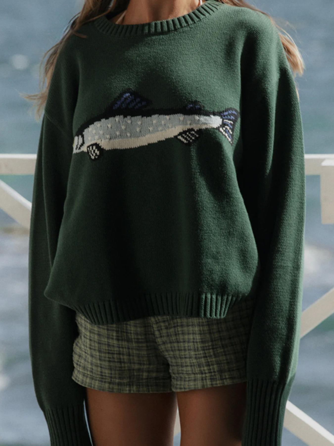 Women's Fashion Vintage Animal Print Round Neck Cropped Long Sleeve Pullover Sweater, Loose Fit Casual Knitwear for Fall & Winter Seasons