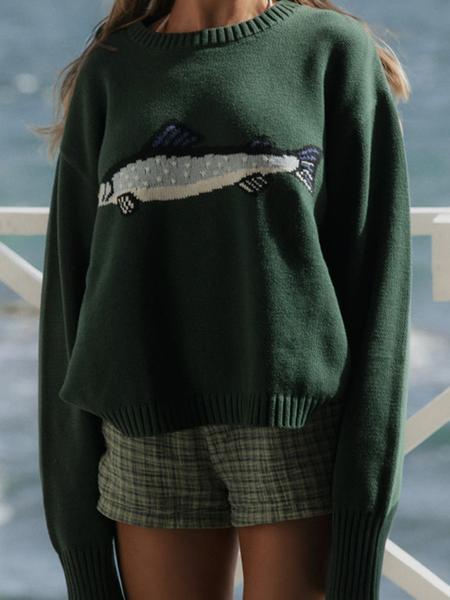 Women's Fashion Vintage Print Round Neck Long Sleeve Pullover Sweater, Loose Fit Casual Knitwear for Fall & Winter Seasons