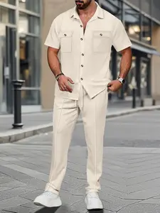 Men's Casual Two-Piece Set, High-Waisted Long Pants & Asymmetric Blazer, Spring Summer Fall, Elastic Drawstring Design