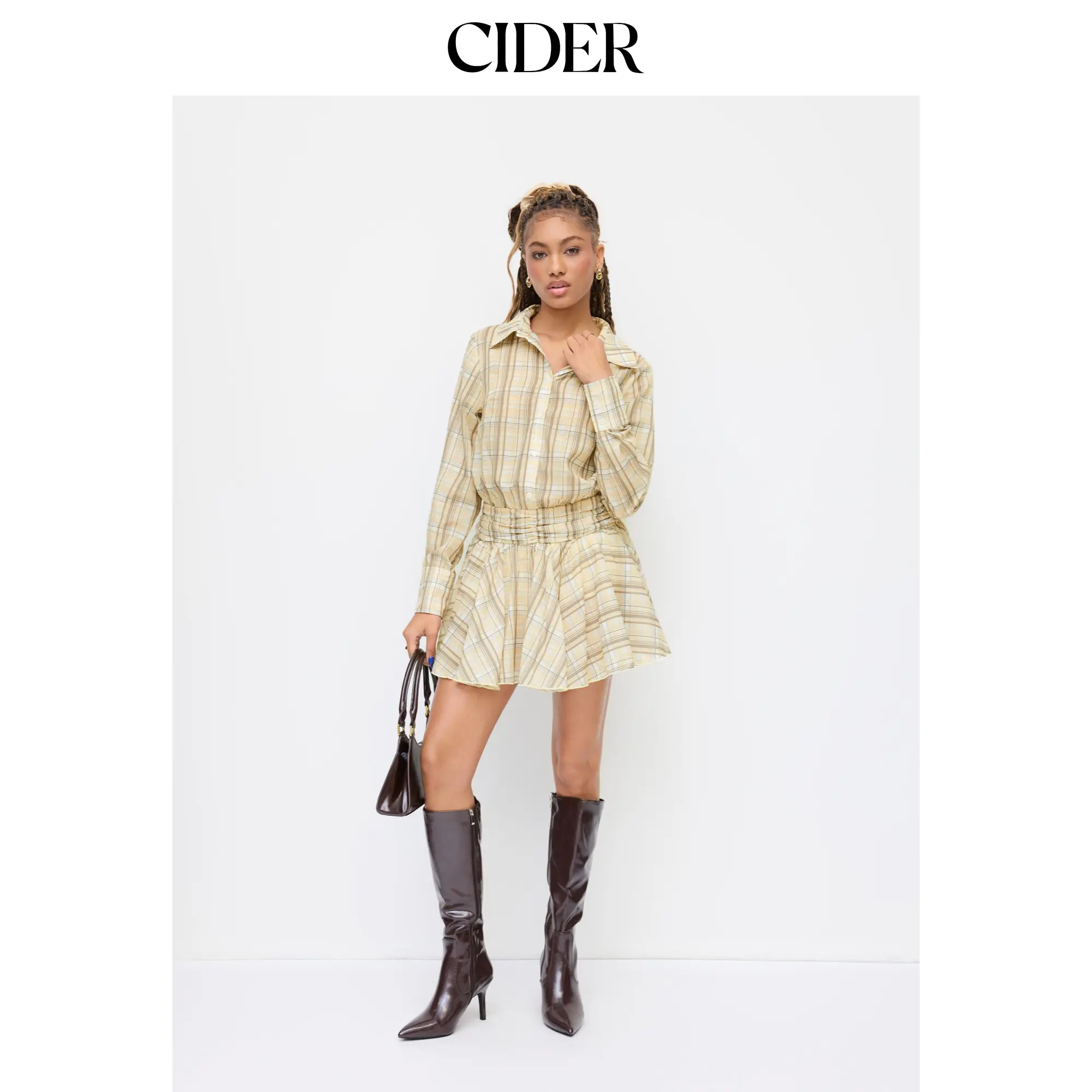 Cider Plaid Collar Long Sleeve Cinched Waist Ruffle Shirt Mini Dress