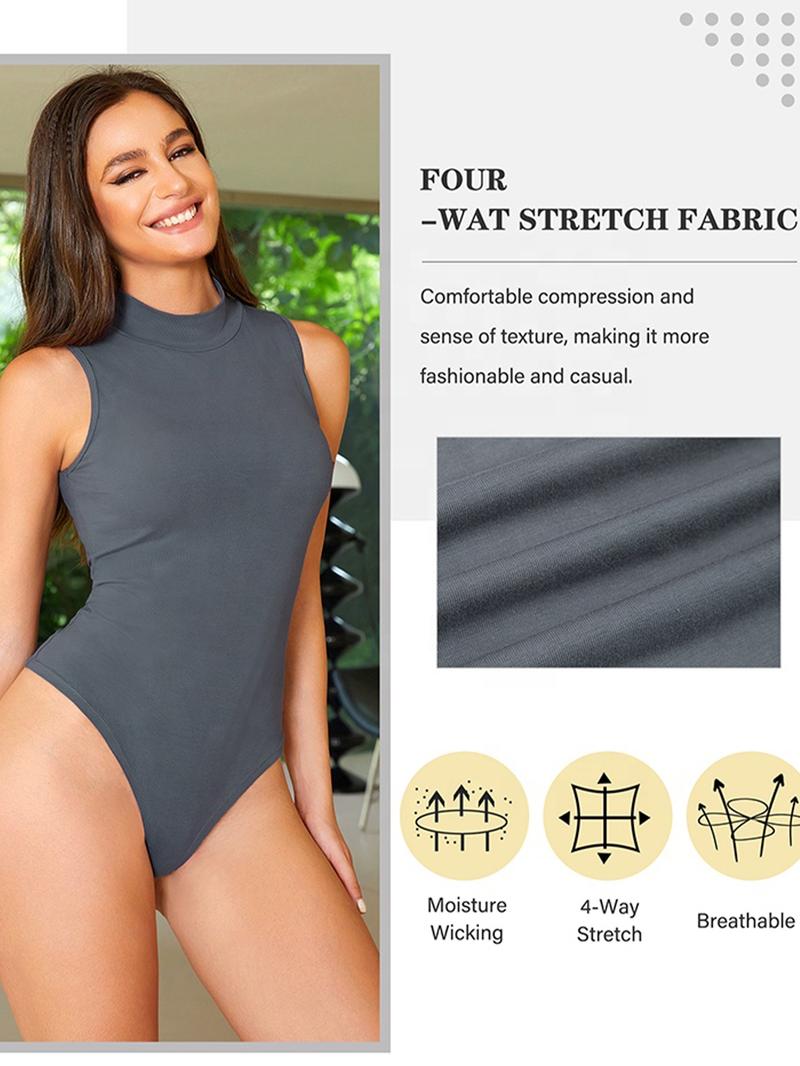 Women's Plain Mock Neck Bodysuit, Solid High Stretch Breathable Bodysuit, Ladies Clothes For Summer Daily Wear, High Compression Shapewear