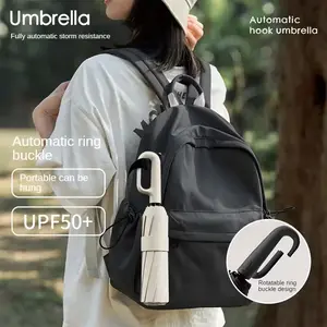 Automatic Buckle Folding Umbrella Windproof Compact Travel Umbrella UPF50+ Sun Protection Large Canopy Waterproof Anti UV Rain Umbrella Hook Handle Portable Outdoor Hiking Travel Backpack Men Women Grip Durable Metal Frame Back to School