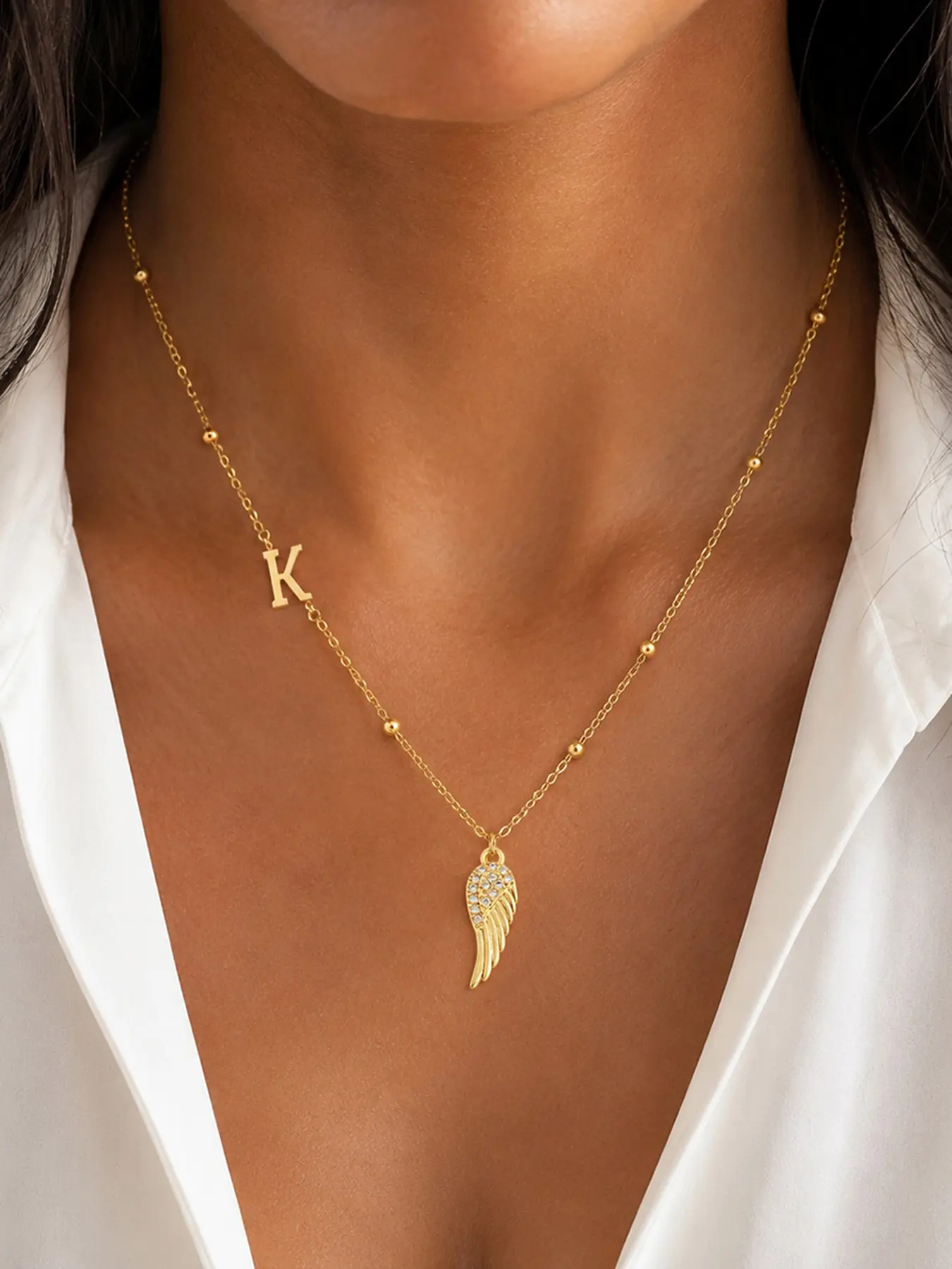 Elegant Initial Zircon Angel Wing Pendant Necklace, Stainless Steel Chain, Casual Style Jewelry for Women