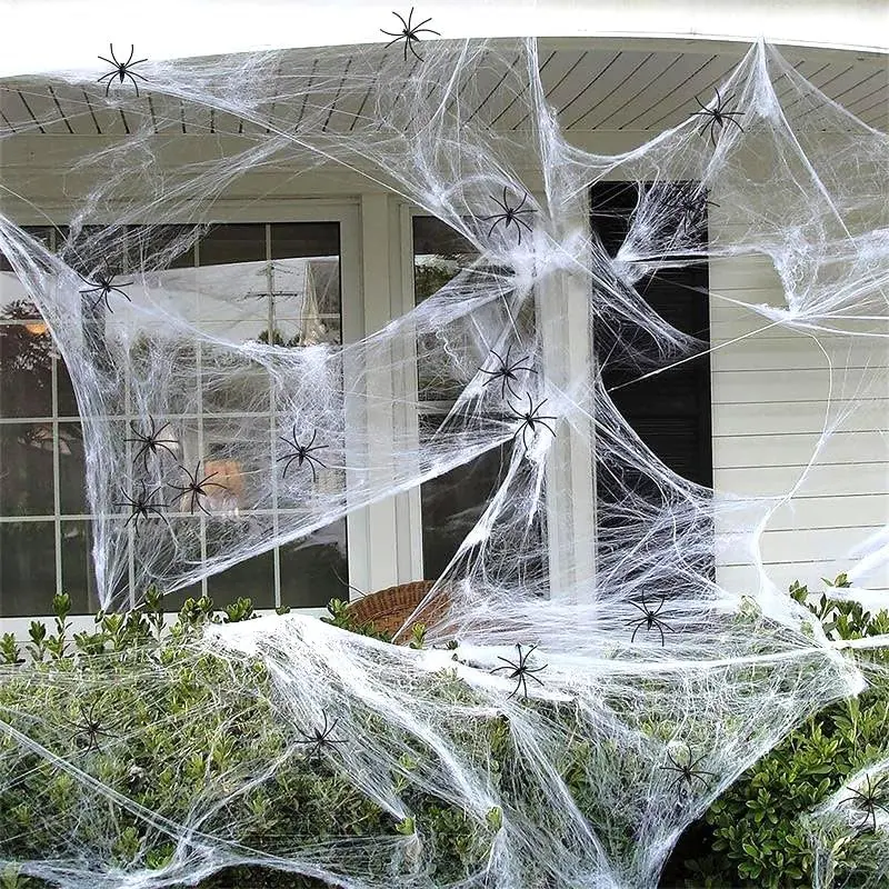1200 sqft White Halloween Spider Web Decor with 100pcs Plastic Fake Sipders, Super Stretch Cobwebs for Halloween Party Decorations Indoor and Outdoor Porch Use