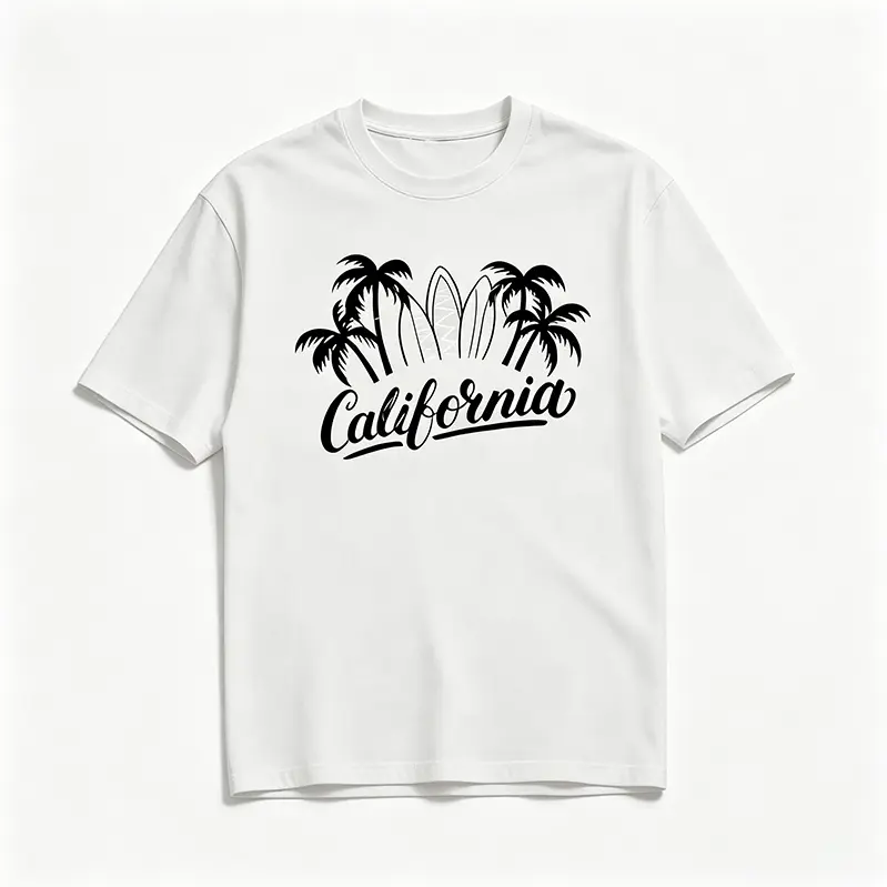 California Palm Tree Surfboard Graphic T-Shirt Retro West Coast Beach Surfing Casual Summer Vacation Unisex Tee