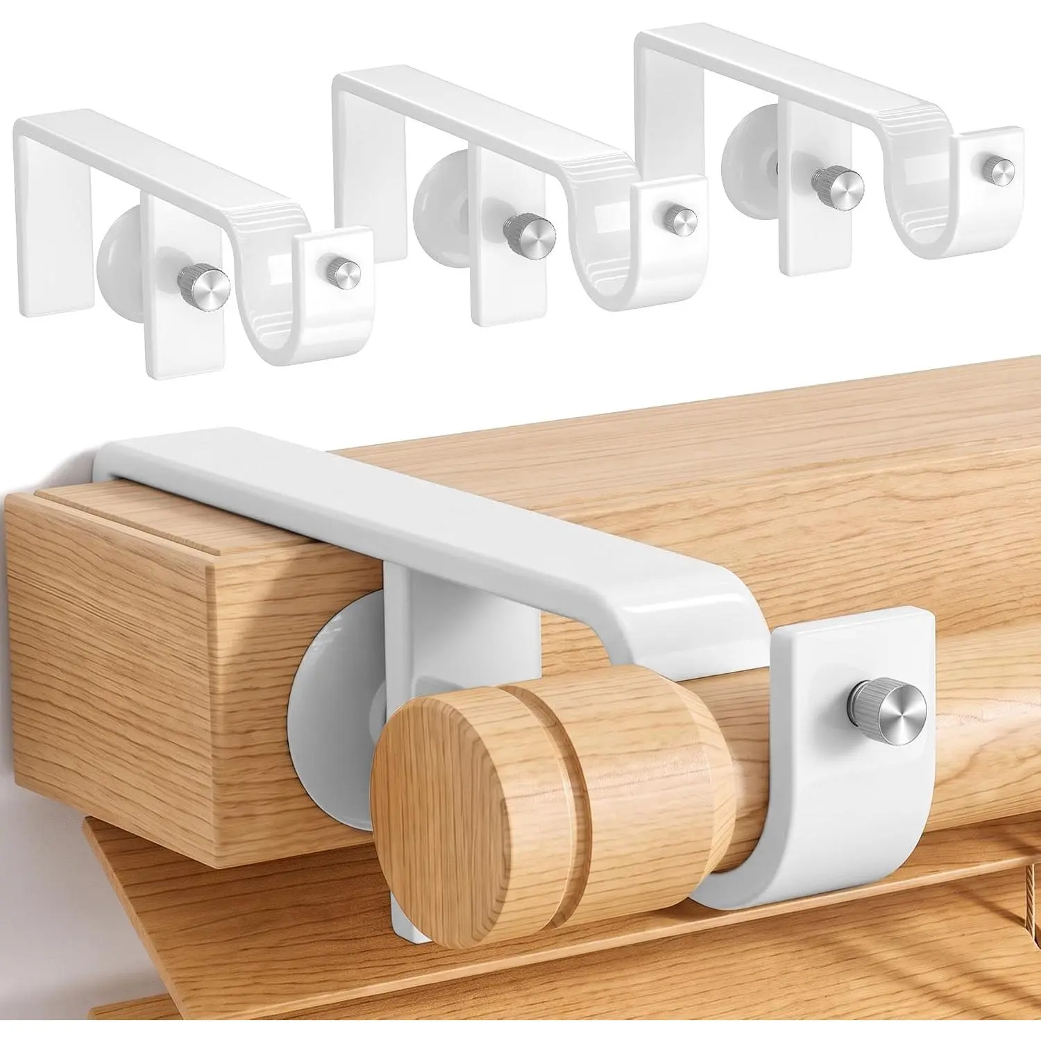 Renter Friendly No Drill Curtain Rod Brackets for Outside Mount Blinds, Adjustable Over Blind Curtain Rod Holders, White 4 Pack