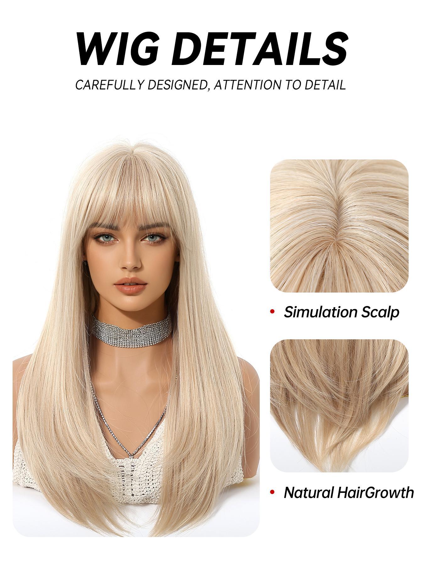 22 Inch Long Straight Wigs for Women, Gorgeous Fluffy Wigs with Bangs, Synthetic Full Machine Wigs for Party, Daily Use, Synthetic Hair Wigs