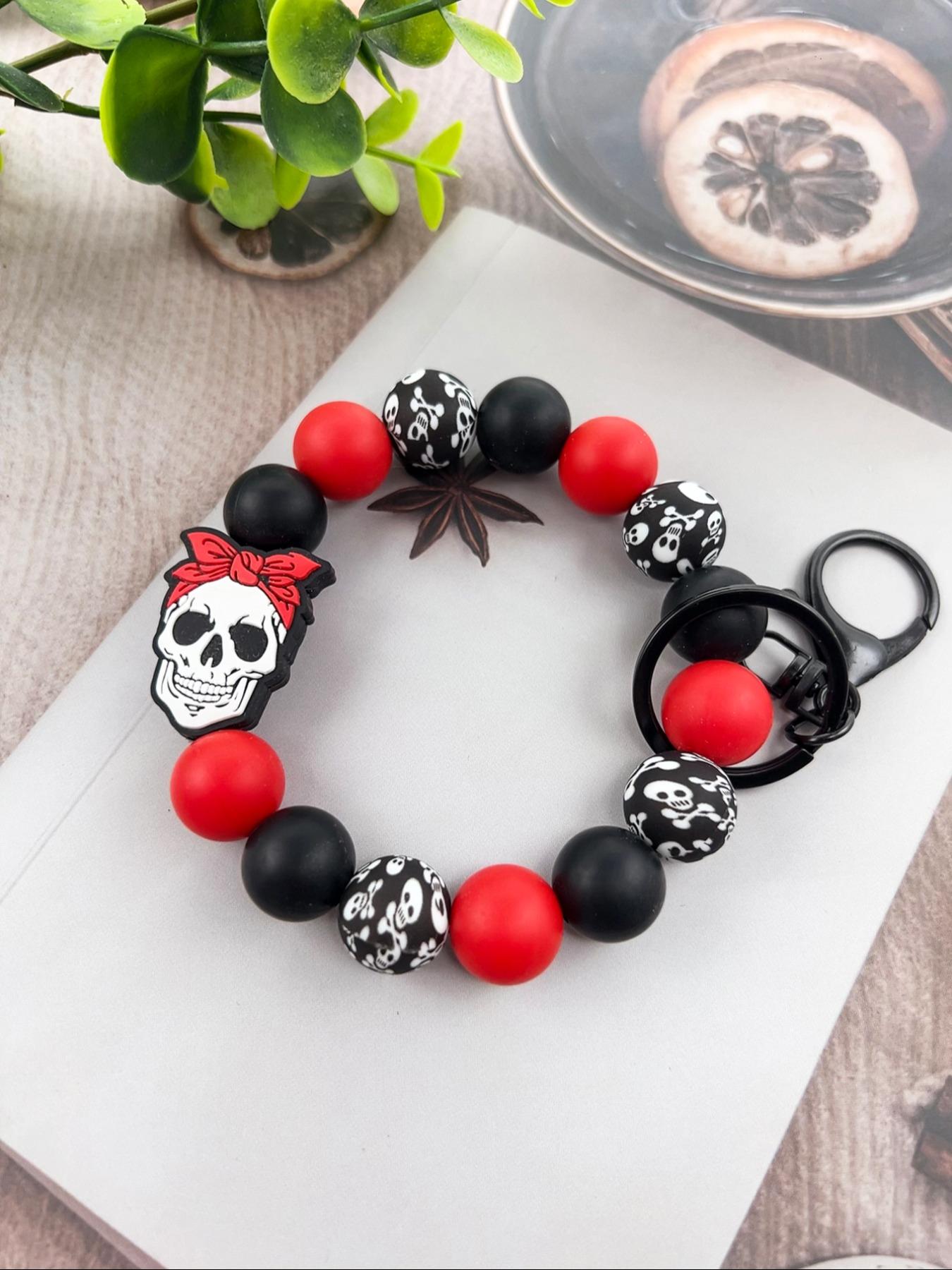 Creative Skull Design Beaded Cute Charms Keychain, Bag Charm, Novelty Silicone Beaded Keychain for Car Keys, Cute Keychain, Fashion Accessories for Women & Men As Gift, Charms, Halloween, Cute Keychain Accessory
