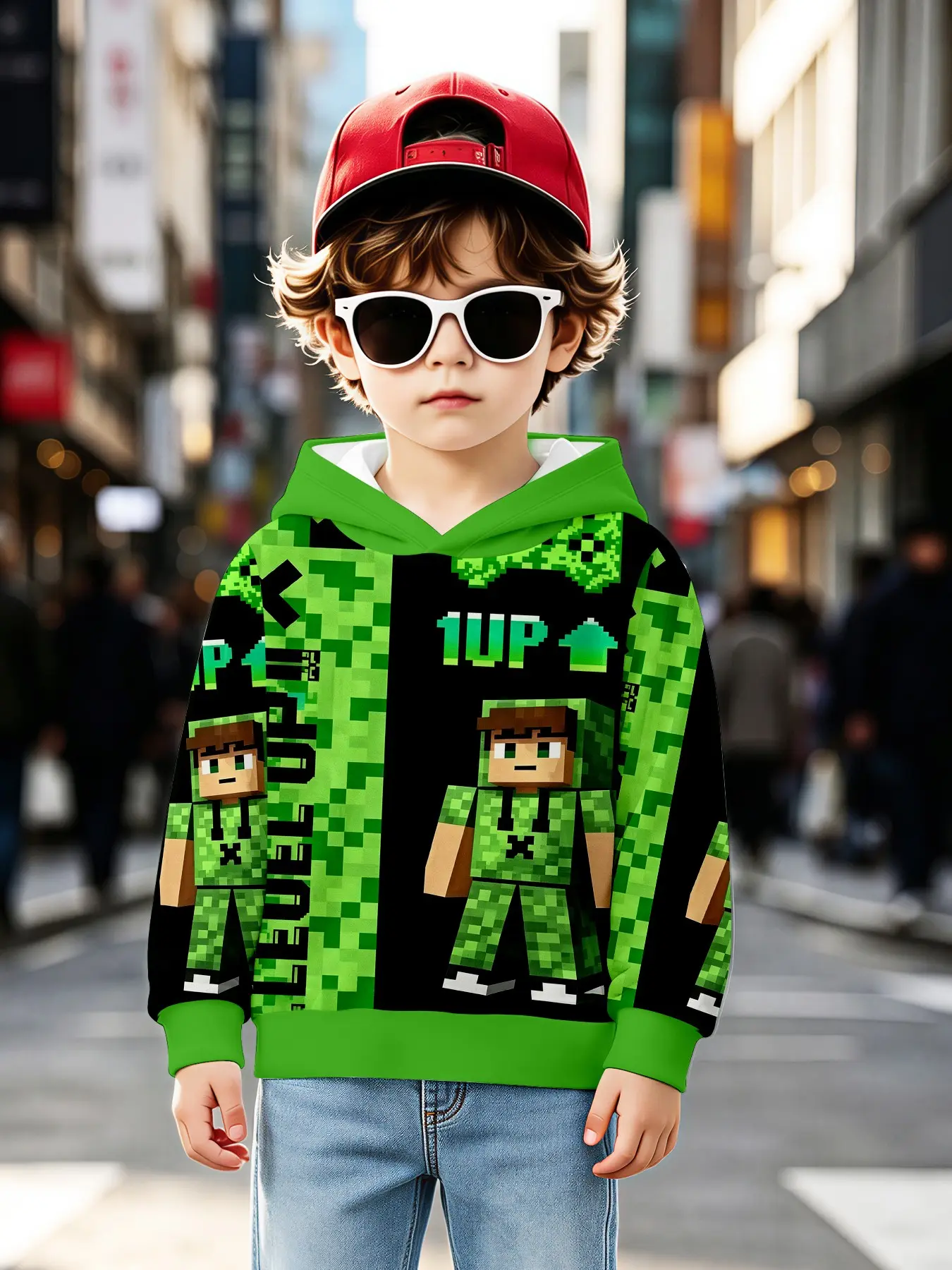 My World Pixel Character Full Print Hoodie, Boys' Hot Game Cartoon Long Sleeve Top, Casual Loose-Fit Sweatshirt for Fall & Winter