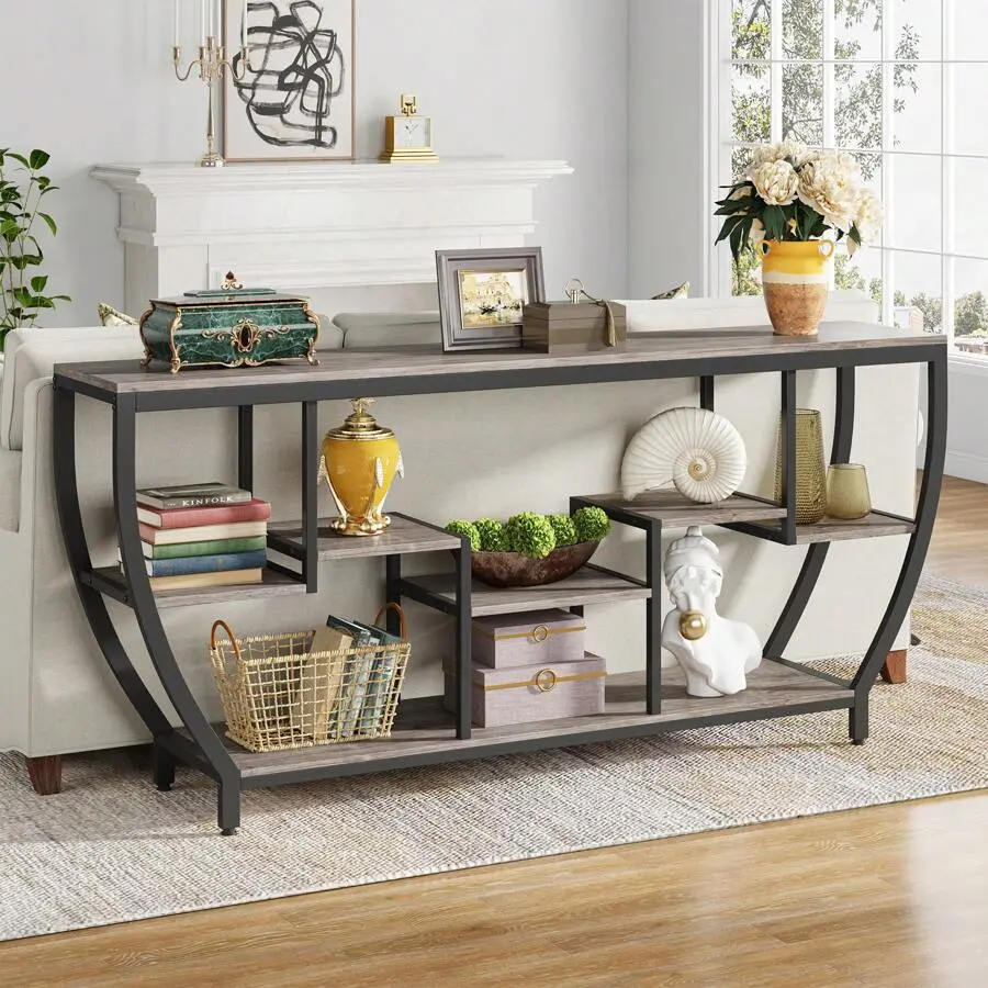 70.9 Inch Spacious Sofa Table With Shelving, Distinctive Console Table With Generous Storage, Industrial-Styled Entryway Table TV Stand, Behind Couch Table Accent Tables Living Room, Hallway, Foyer, Decor Furniture, Gray And Black