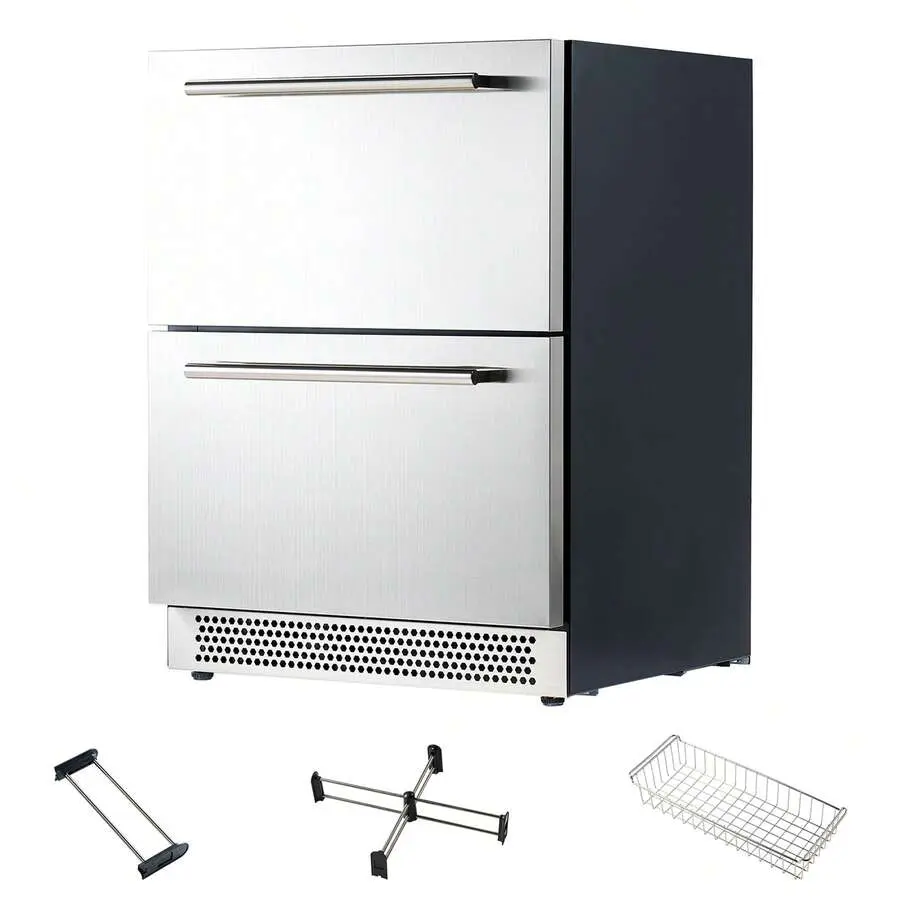 24 Inch Under Counter Drawer Fridge, Stainless Steel Dual-Zone Beverage Refrigerator With LED Panel, Frost-Free Design, Adjustable Storage Shelves, 37–50℉ Upper & -0.4–37℉ Lower Zones