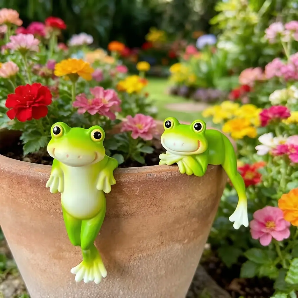 2pc Frog Garden Decorative Resin Figurines, Animal Statue, Cute Cartoon Design for Patio Planters, Ideal for Entryway Window Desktop Decoration