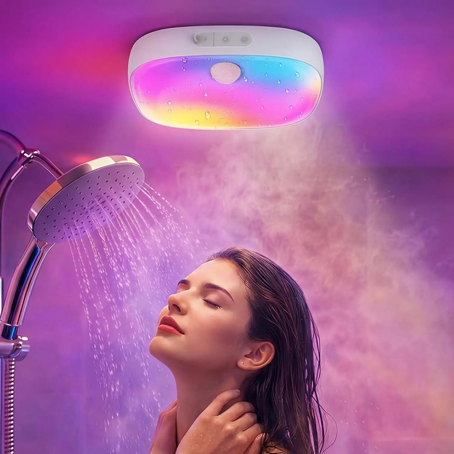 Shower Light IP65 Waterproof, Motion Sensor Ceiling Light with 10,000mAh Battery, RGB Dimmable Wireless Ceiling Light For Bathroom, Balcony, Hallway, Bedroom, and Living Room, Includes Remote Control