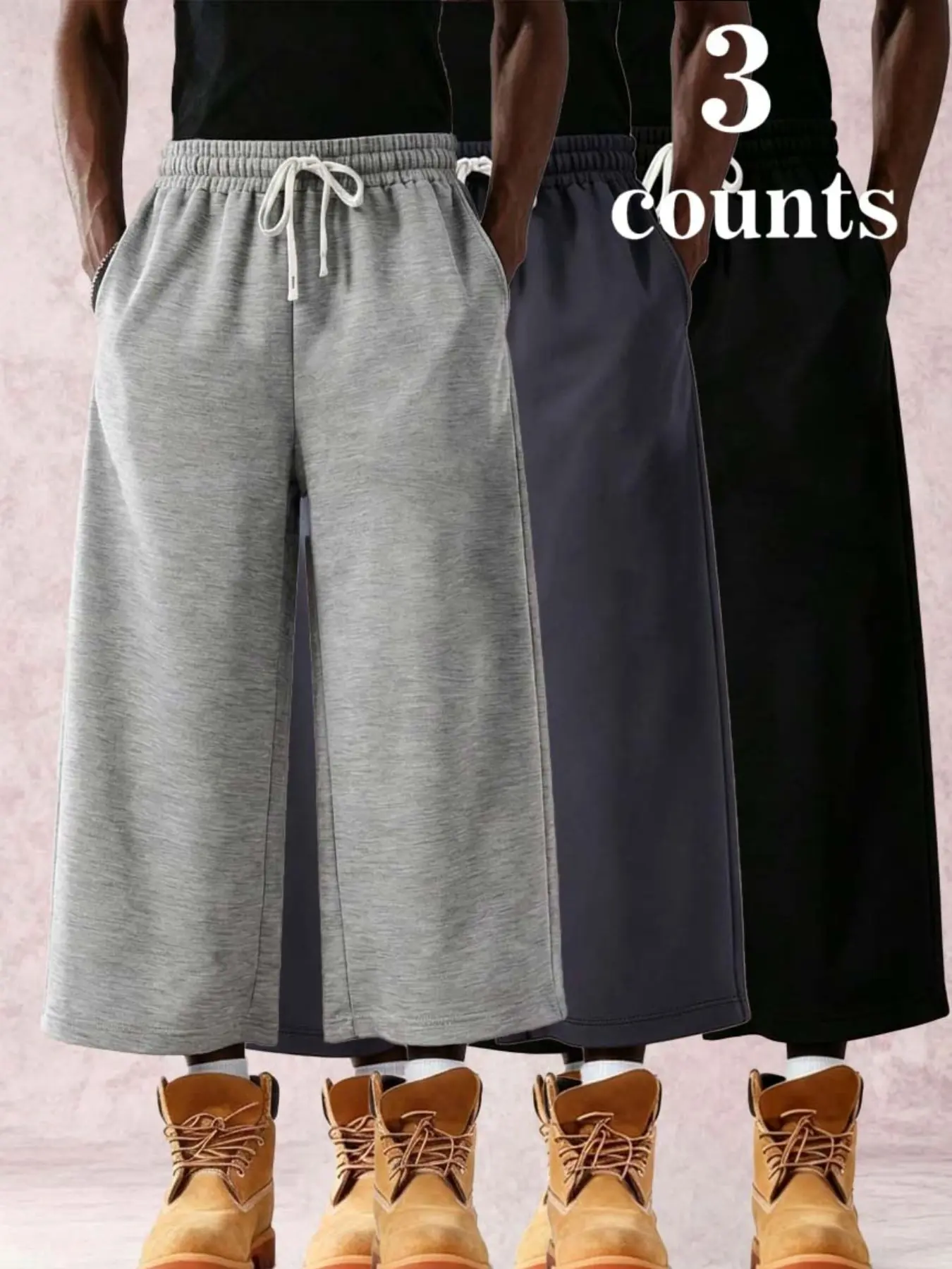 3 Counts Men's Drawstring Elastic Waist Wide Leg Cropped Sweat Pants, Casual Comfy Trouser, Three Color Matching Grey Dark Grey Black, Side Pockets Loose Street Fit, Multipack Daily Casual Capri Trousers