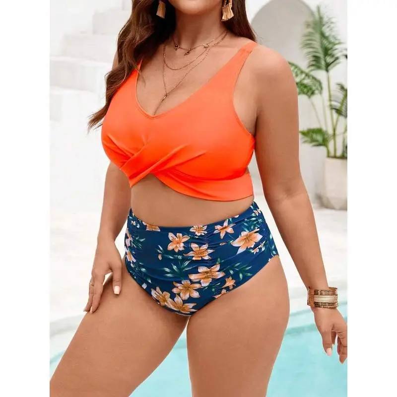 Female Swim 2026 New Plus Size 2-Piece Bikini Set - Orange Twist Front Top, High Waist Vibrant Plants Bottoms