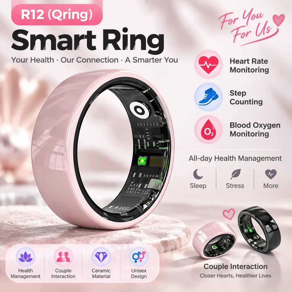 R12 Qring Interactive Couple Smart Ring, Premium Ceramic Finger Ring, Heart Rate, Blood Oxygen Monitoring, Pedometer & Health Data Management