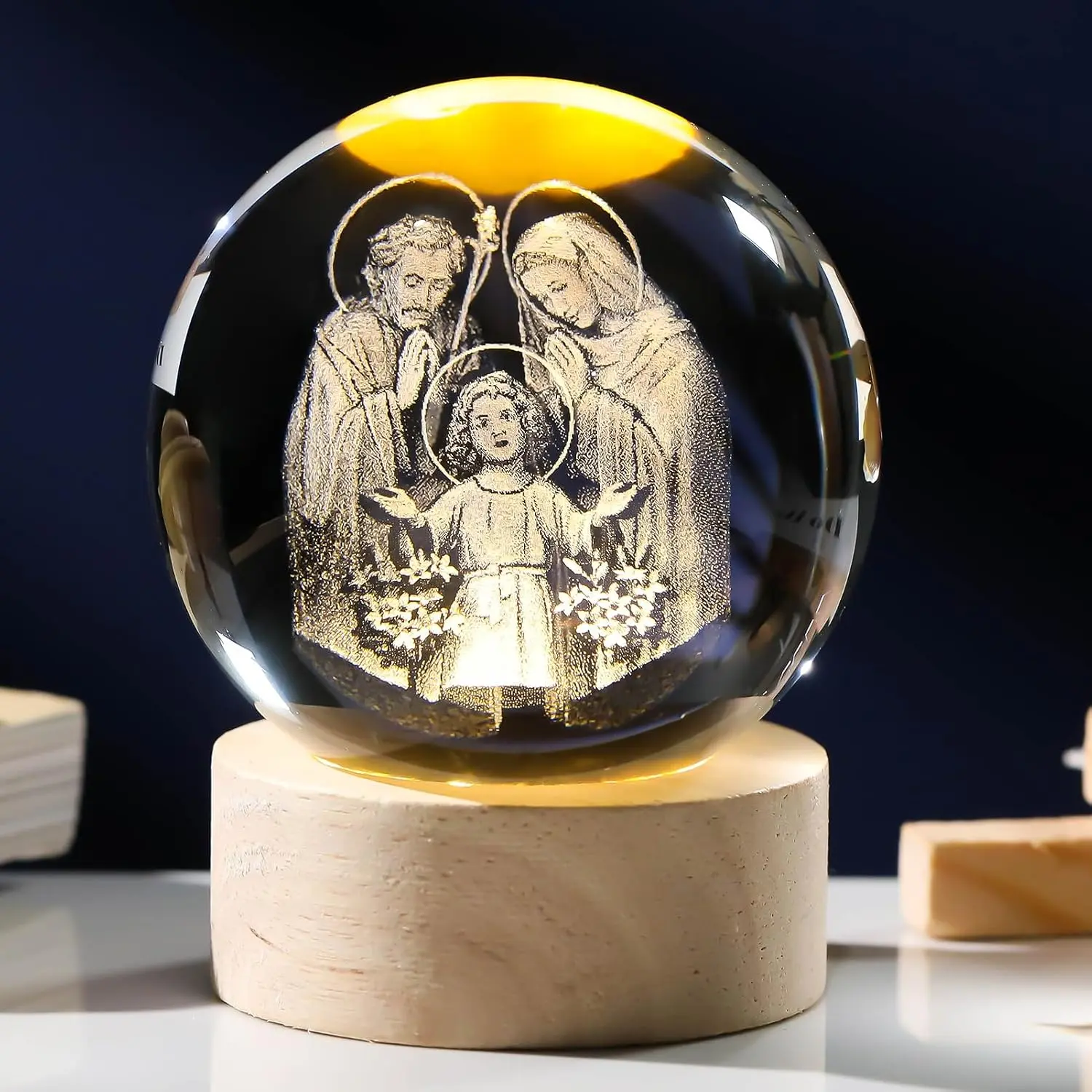 Engraved   Holy Family Statue Figurine,   Ball Holy Family Statue Catholic with Wooden Base,  Praying Hands with  Christian Religious Easter Gifts