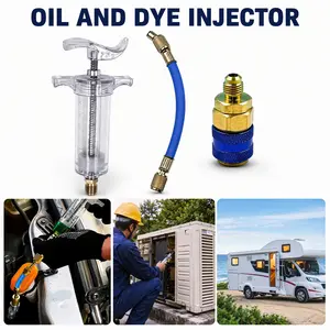 Oil and Dye Injectors Kit 30ml/1 Oz Hand Push Compressor Manual AC Oil Dye Injector with Quick Coupler 1/4 SAE Connector Car HVAC Compressor Oil Dye Injector Refrigerant Tool-YY1