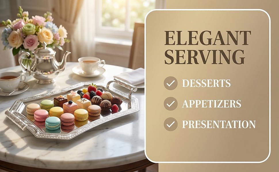 Binaural Tray Bread Plate Tray Stainless Steel Serving Plate Vintage European Style Metal Dessert Platter for Coffee Tea Cake Spaghetti Wedding Home Kitchen Restaurant, Antique Silver