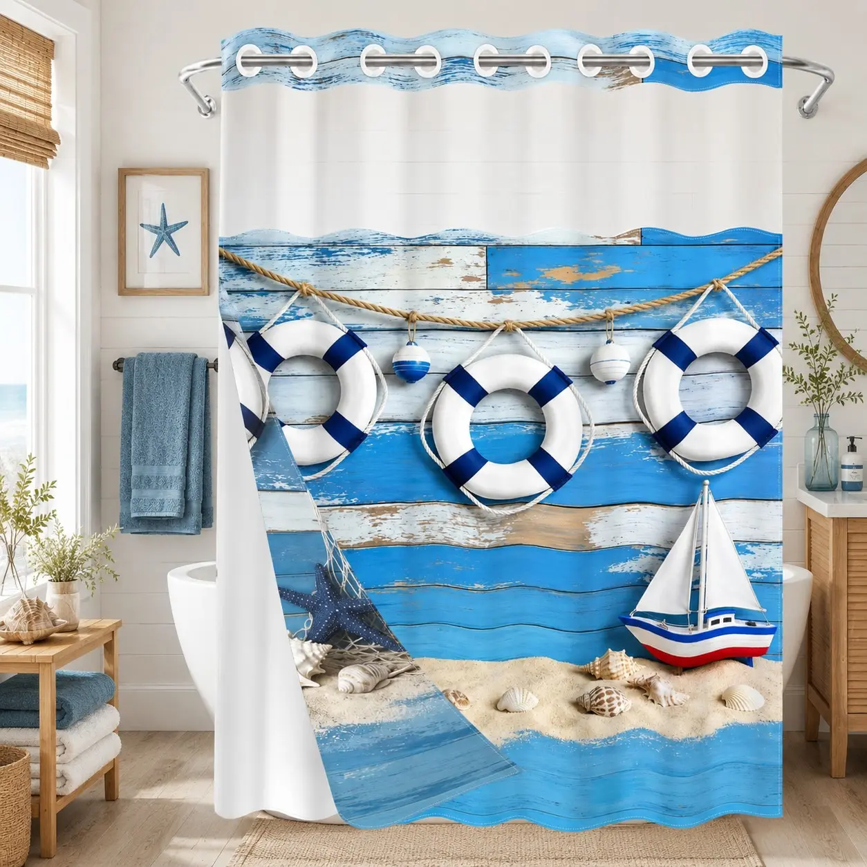 1Pc Hookless Double Layer Shower Curtain Set, Nautical Lifebuoy Sailboat & Seashell Print, Snap-In Waterproof Mildew-Resistant Liner, Fabric Outer Curtain with Sheer Viewing Window, 71×74 Inch, Machine Washable, for Home, Apartment and Hotel Bathrooms