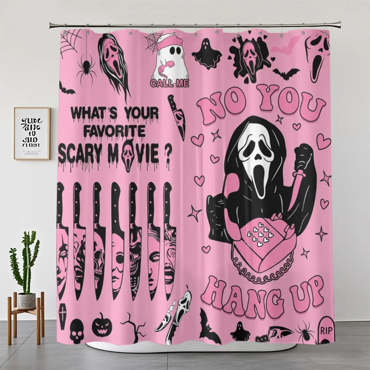 1/4pcs Pink "No You Hang Up" Ghost Face Shower Curtain Set, Pastel Goth Horror Movie Quote, Killer Knives Hearts Design, Cute Spooky Halloween Bathroom Decor, Waterproof Washable Fabric Bathroom Accessory
