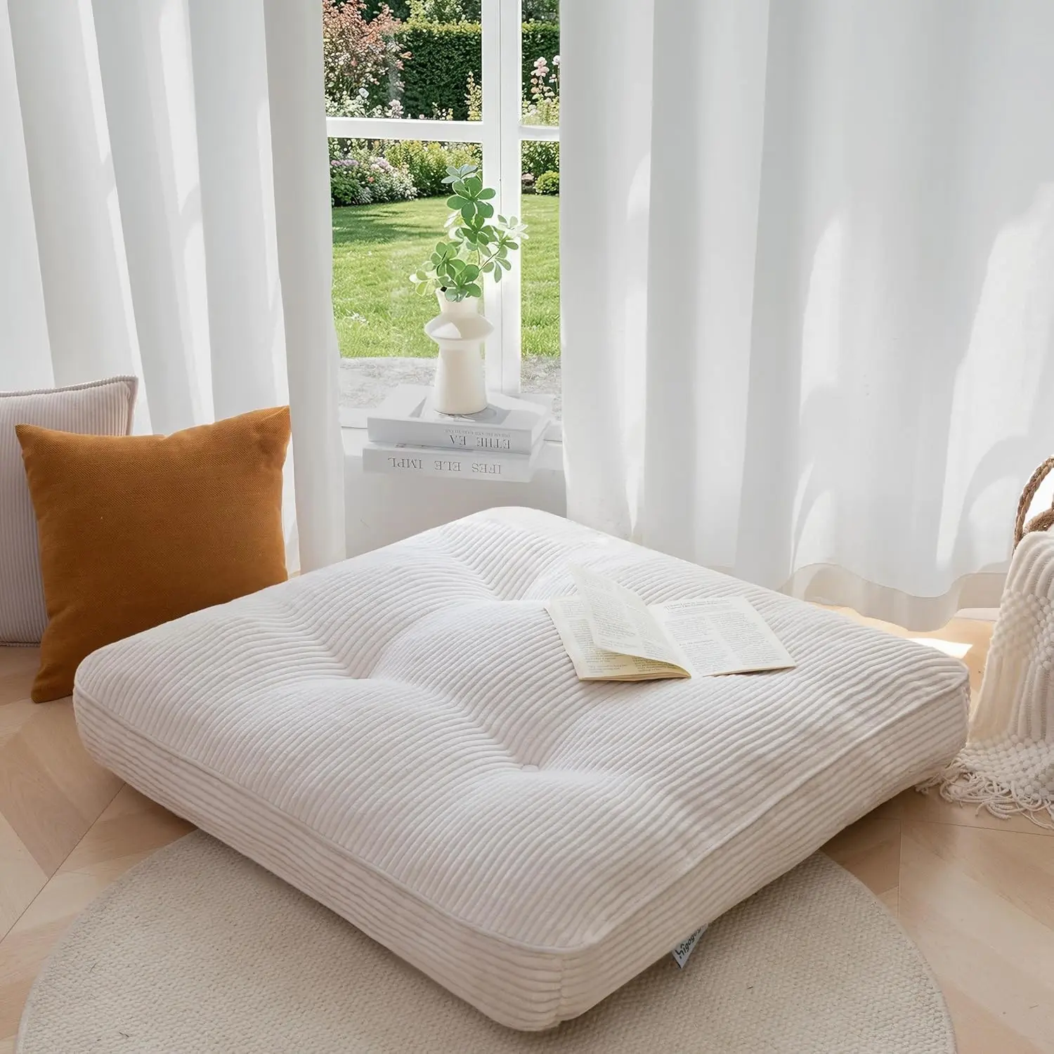 35x35 in Square Corduroy Floor Cushion - Tufted, Supports 2 Adults, for Meditation, Tatami Living Room, Beige, Extra Large