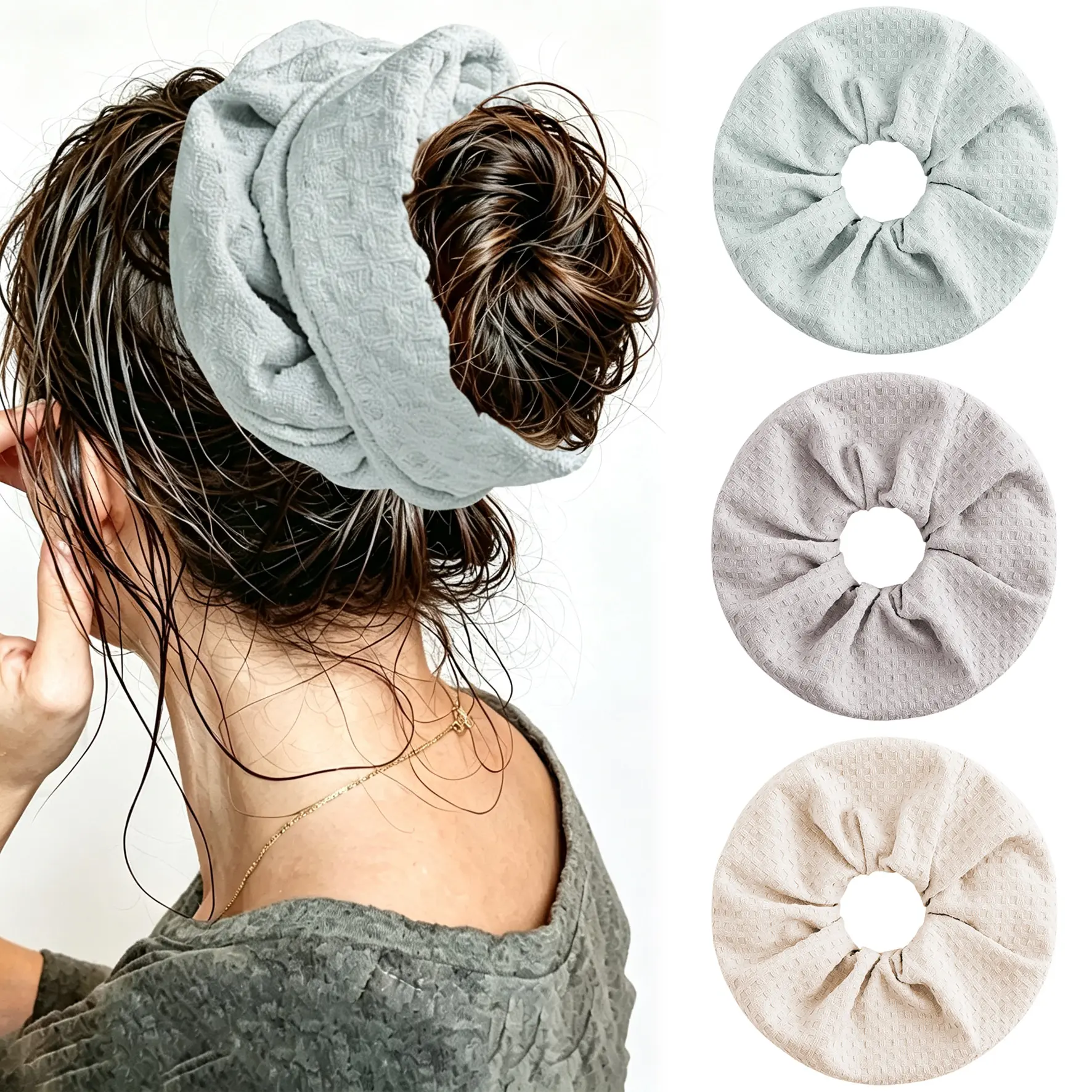 Microfiber Hair Drying Scrunchies, Camellia Oil fragrance 10A Antibacterial Waffle Hair Towel Ponytail Holders, Soft Super Absorbent Anti-Frizz Hair Accessories for Shower Makeup Spa All Hair Types
