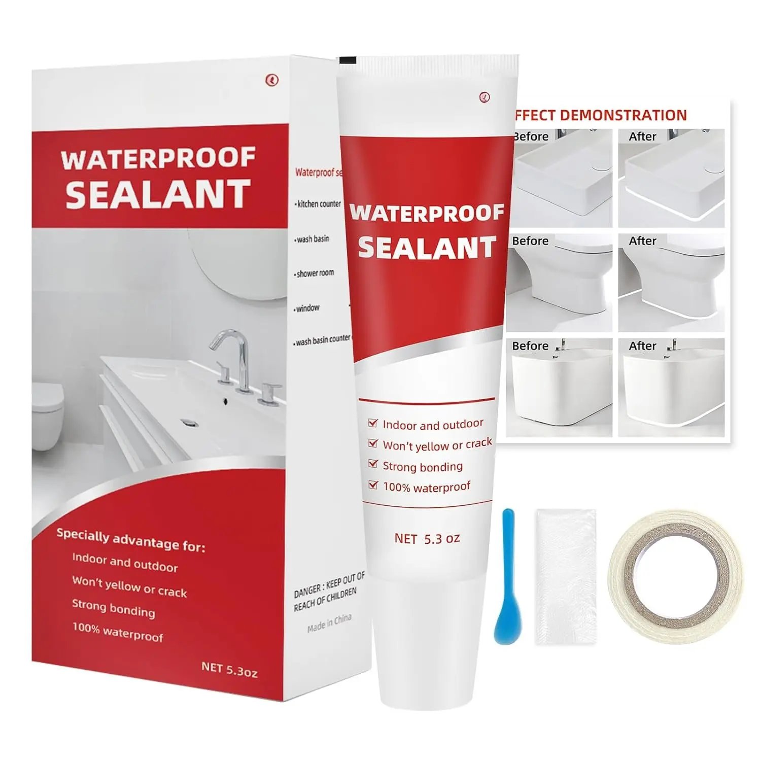 Caulk for Kitchen & Bathroom   Sealant for Interior and Exterior Use, Stronger Adhesion Shrink & Crack Proof - 5.3 oz White