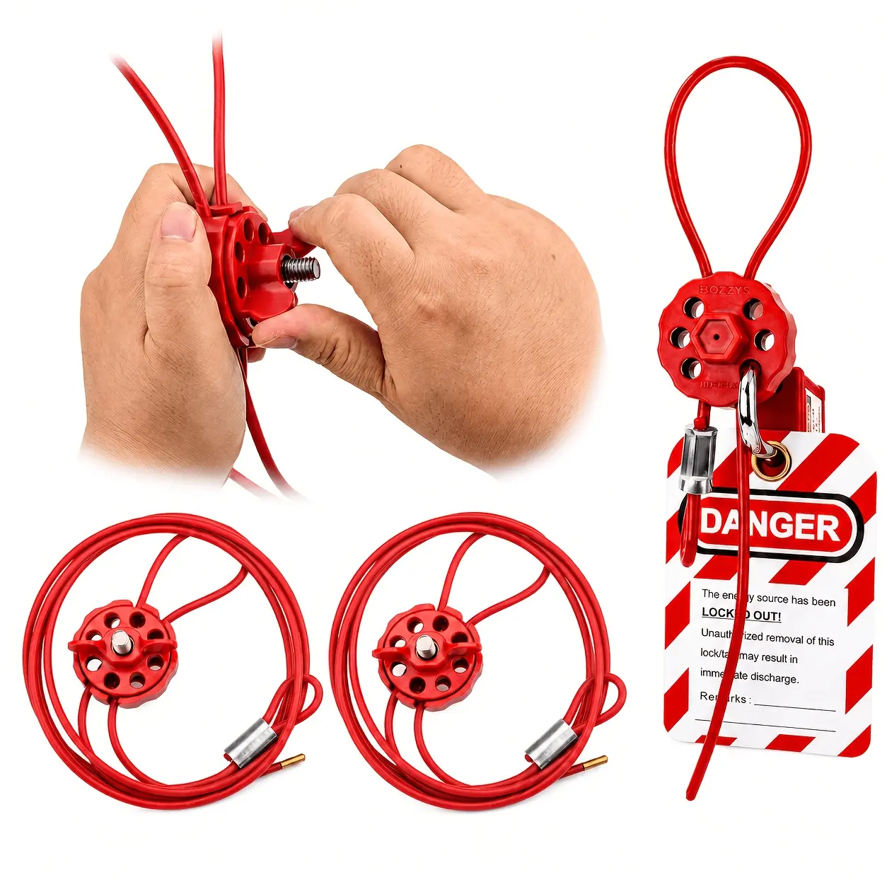 BOZZYS 2-Pack Cable Lockout Kit, 6.5FT Flexible Red Coated Steel Cable with 6 Padlock Holes, Tool-Free Self-Locking Rotary Body, Stainless Steel Tightening Screw for Valves, Switches and Irregular Equipment