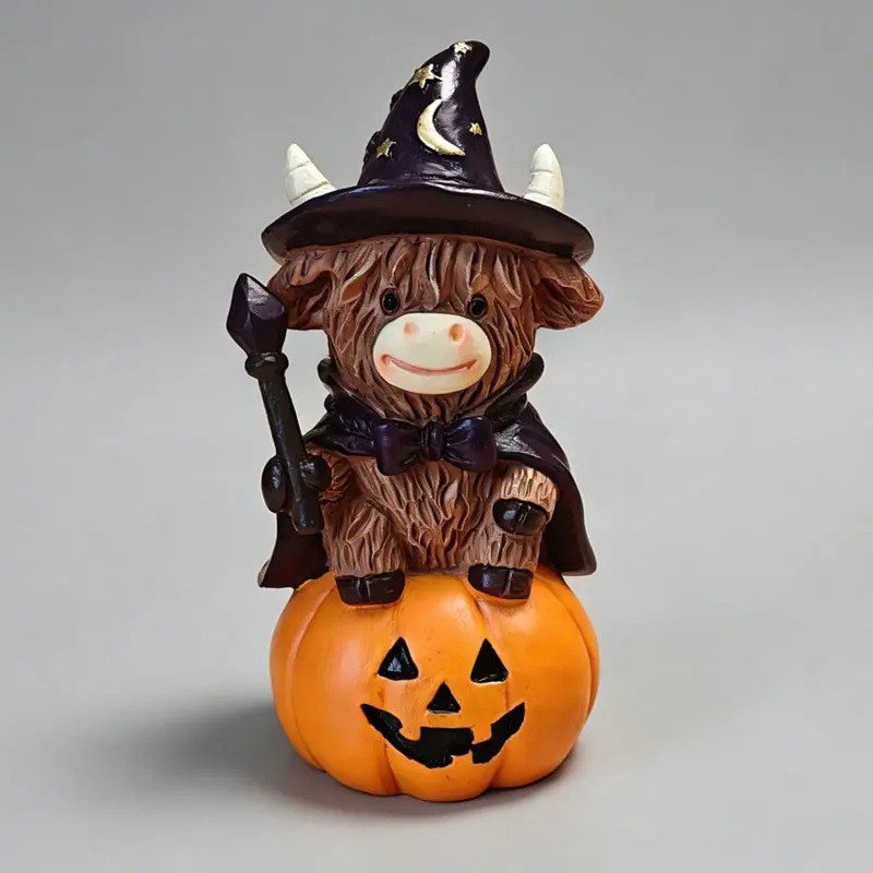 Cute Highland Cow Halloween Decor Item, Witch Cow Decor, with pumpkin, broom and magic wand. Resin tabletop decoration, suitable for Halloween parties, home storage rack, office desk, and horror season decoration.