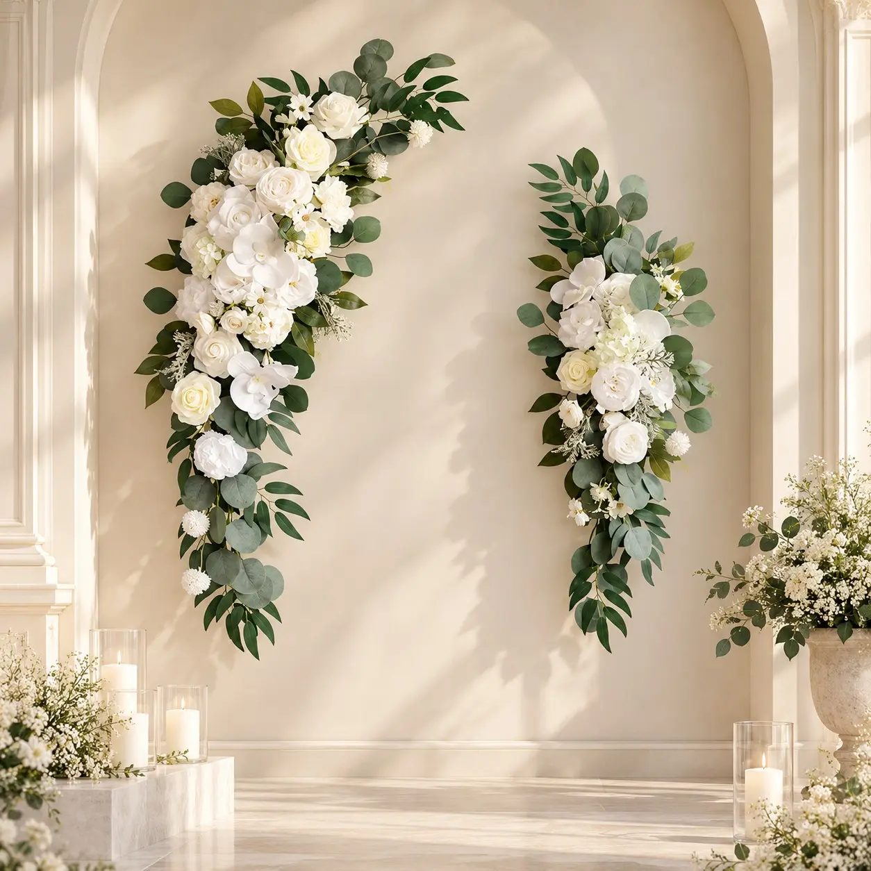 2Pcs Artificial Wedding Arch Floral Swag, 100cm(39.4in) & 80cm(31.5in) White Rose Eucalyptus Flower Arrangement, Wedding Ceremony Reception Backdrop Wall Decor