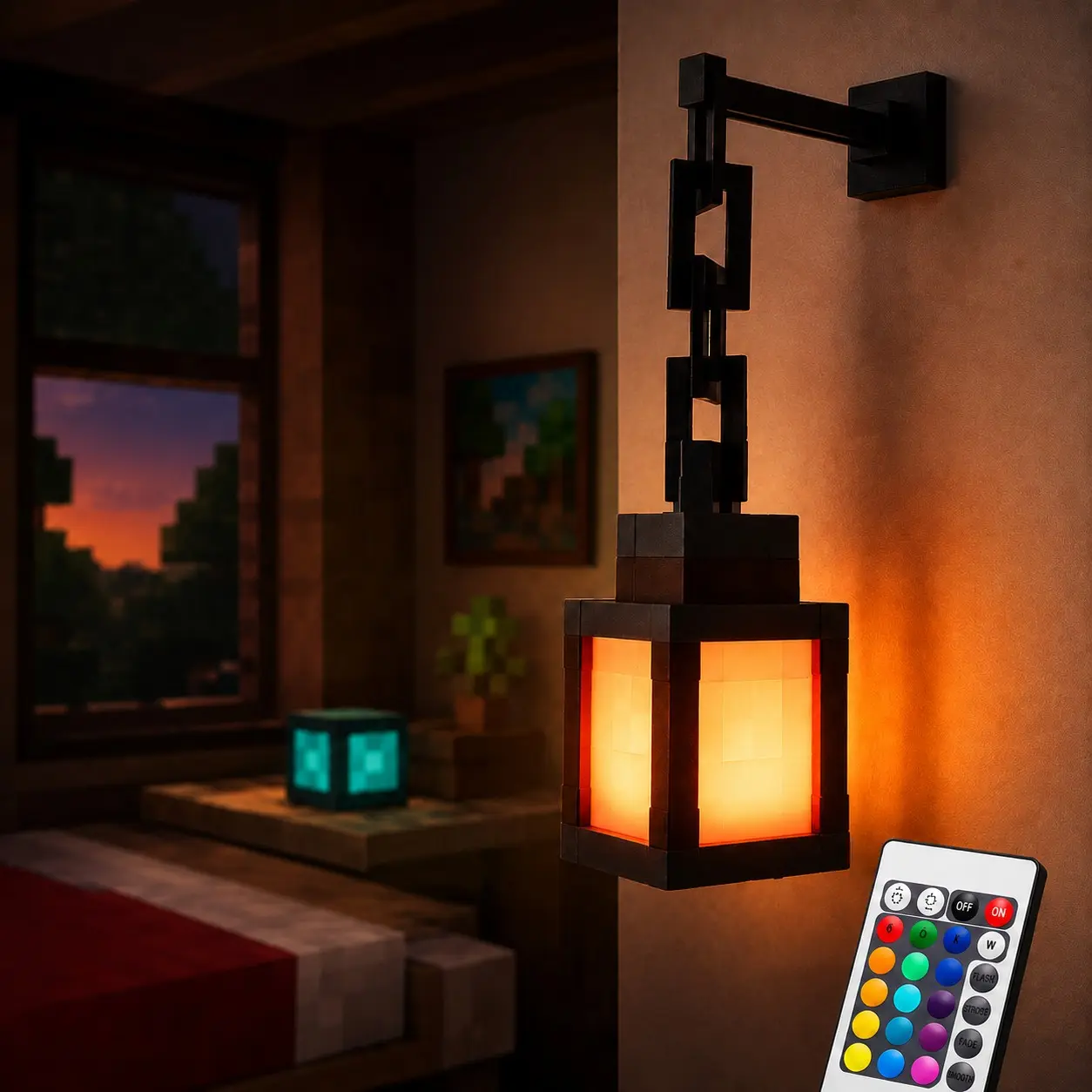 Pixel Wall Lantern Light with Remote Control, 16 Colors & 4 Lighting Modes, Rechargeable Desk Lamp, Boy Room Decor，Cordless LED Wall Lamp for Bedroom, Gaming Room
