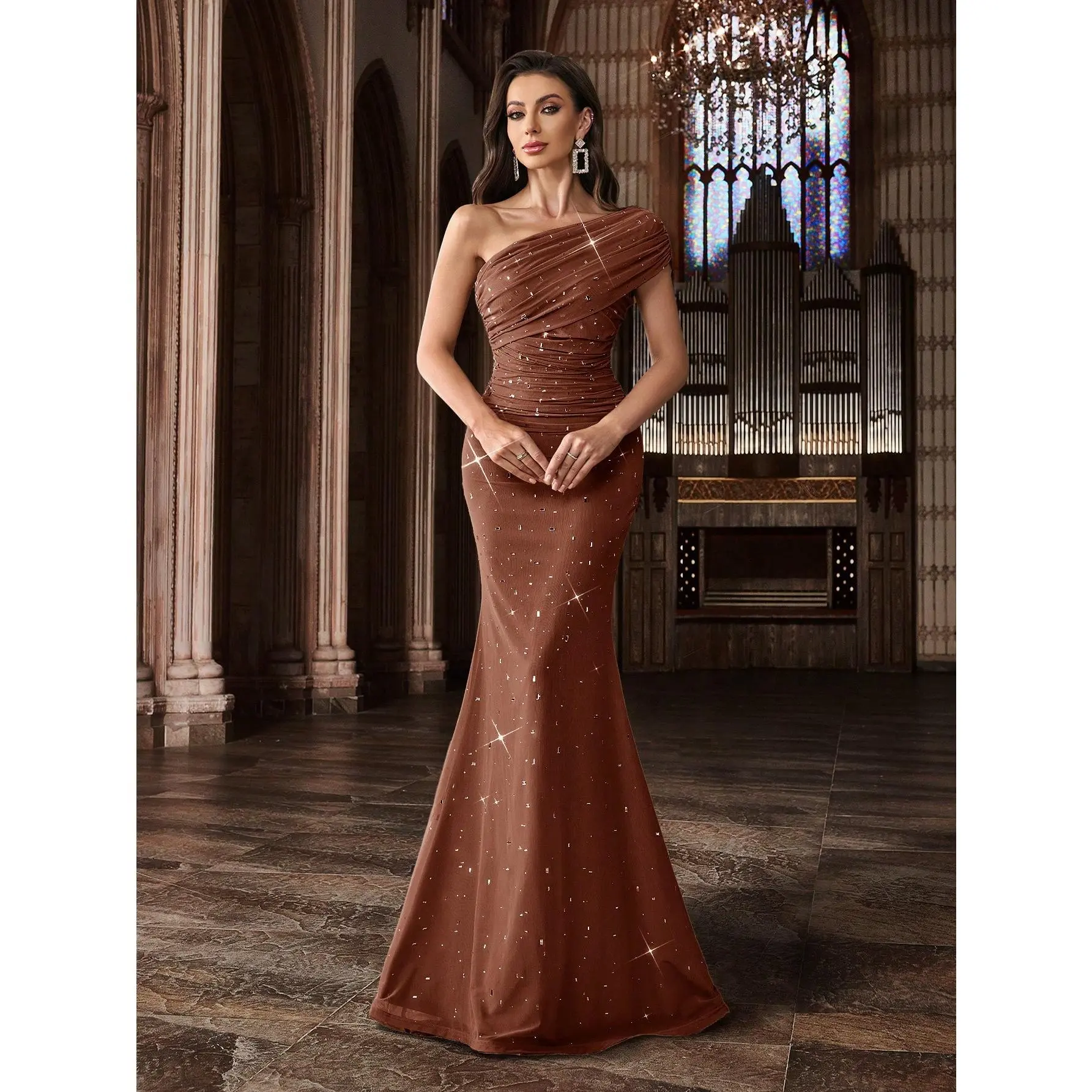Women's Coffee Brown 1-Shoulder Sparkly Sequin Mermaid Formal Gown - Asymmetrical Sleeveless Ruched Slim-Fit Lined Dress with Mid-Stretch Soft Fabric for Prom, Wedding Guest