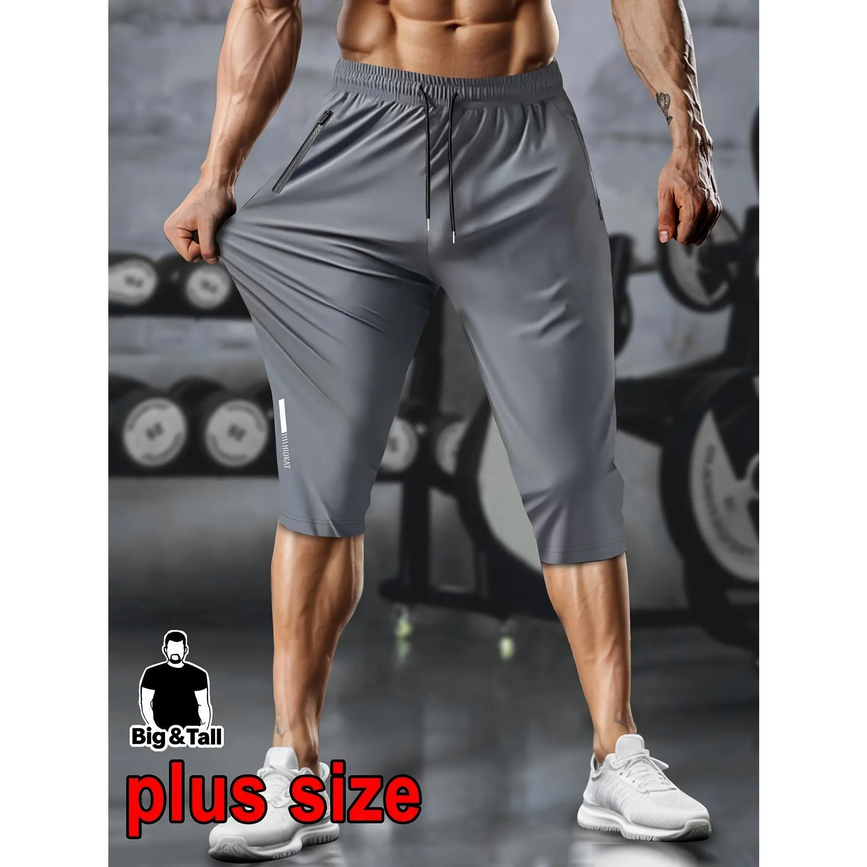 Plus Size Men's Quick-Dry Athletic Capri Pants - High-Elastic Breathable Fabric, Zippered Pockets, Reflective Strips, Relaxed Straight-Leg, Universal Straight Cut Gear, 2XL Gym Workout Clothes for Gym, Outdoor Activities,back to school,back to school haul